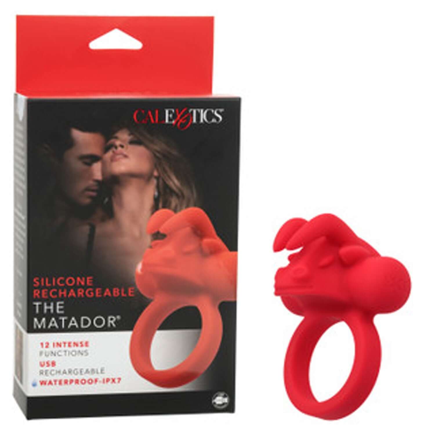 Red Silicone Rechargeable Matador Cock Ring with packaging, offering 12 vibration functions for enhanced couples' pleasure.