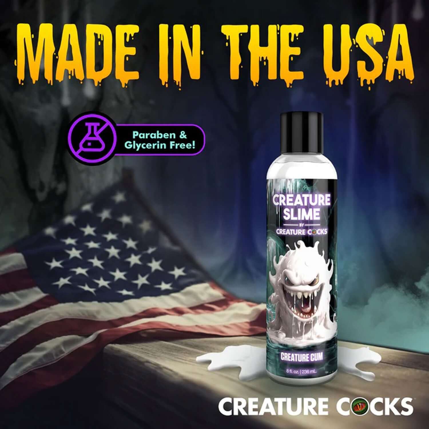 8oz Creature Slime Creature Cum Unscented Lubricant - Clear, Made in the USA, Paraben & Glycerin Free with American Flag Background