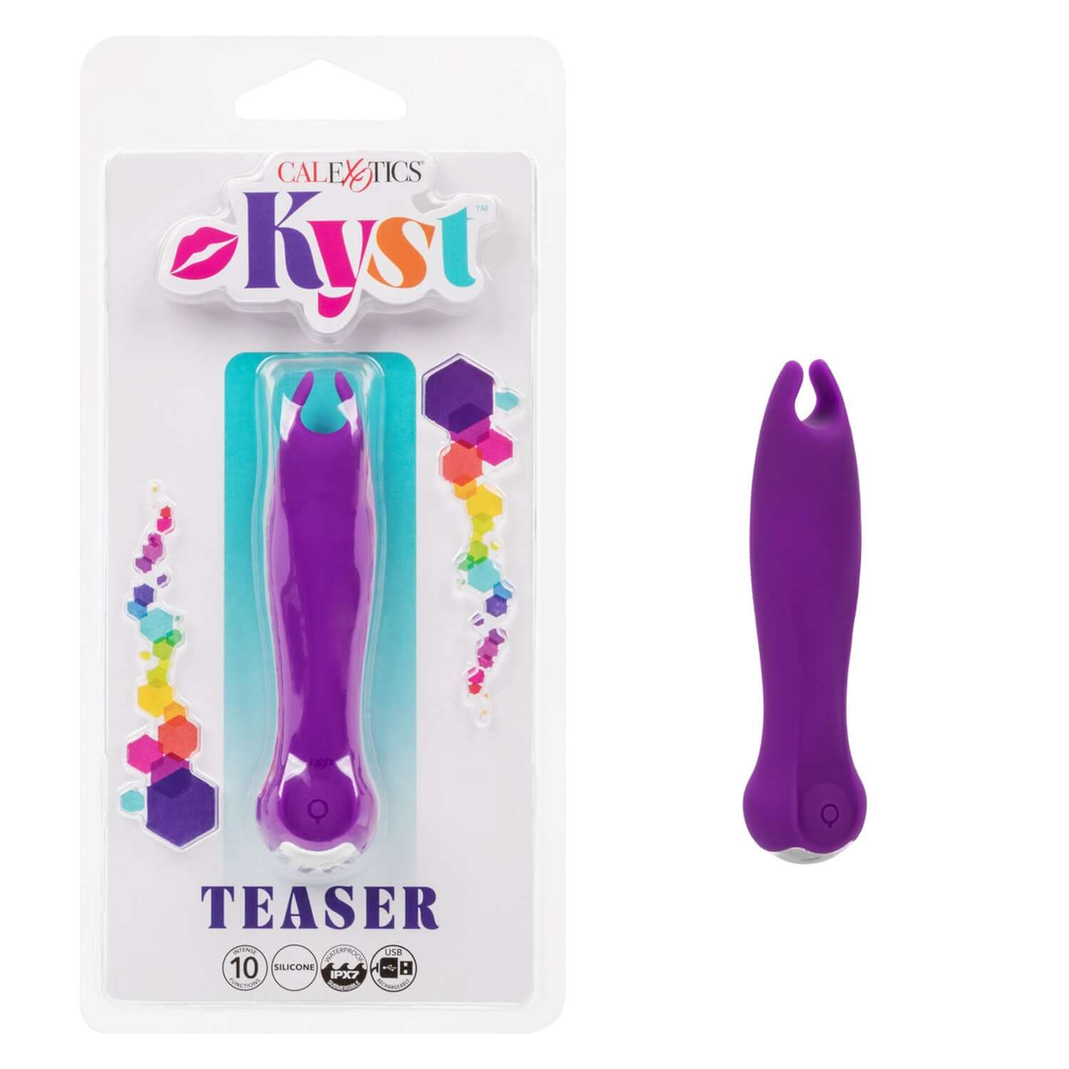 Purple Kyst Teaser Vibrator in packaging with flickering ticklers, offering 10 vibrator functions for enhanced personal or partner play.