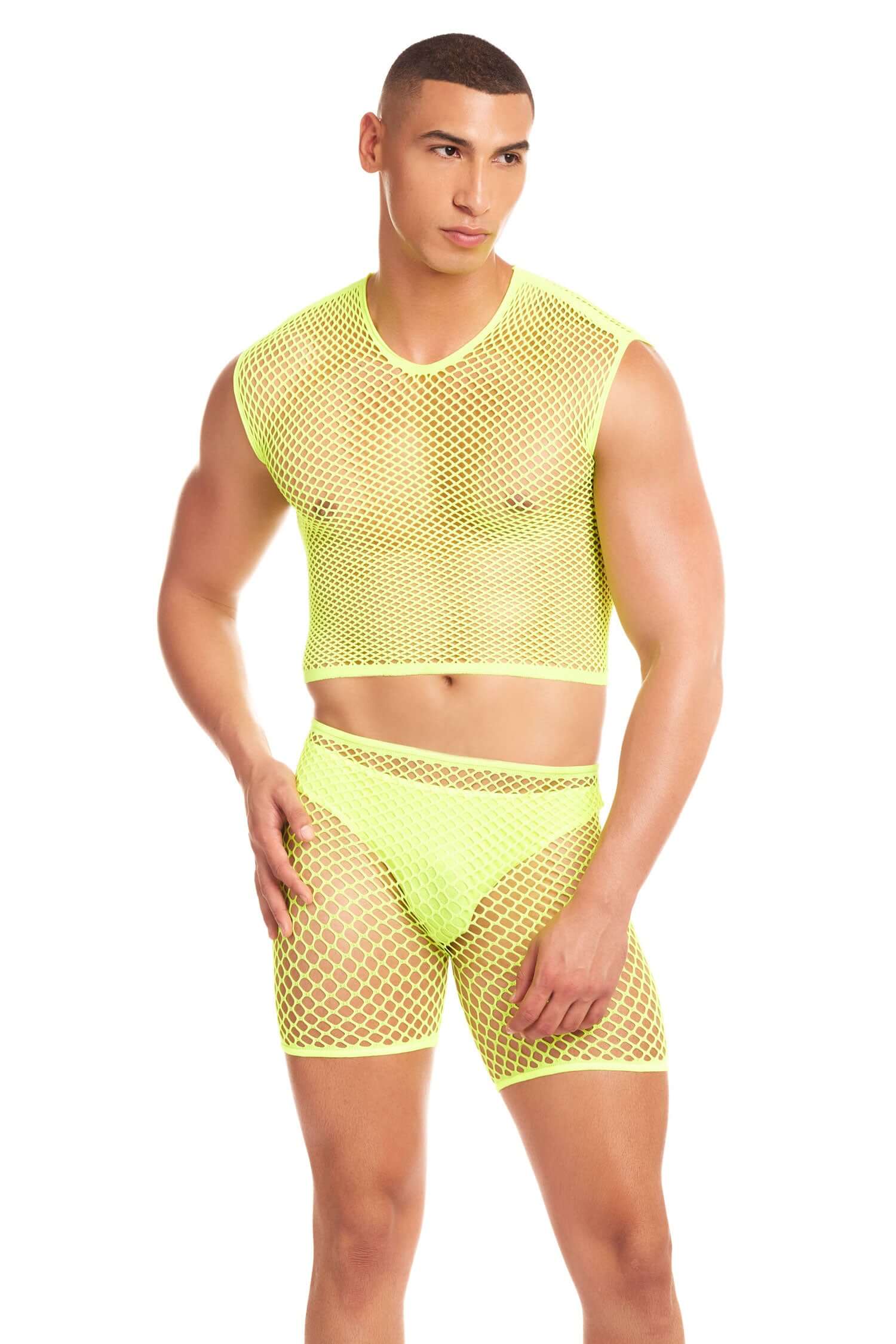 Man modeling Net-Bula 3pc Set in yellow mesh, large/XL size, made of 95% nylon and 5% spandex.