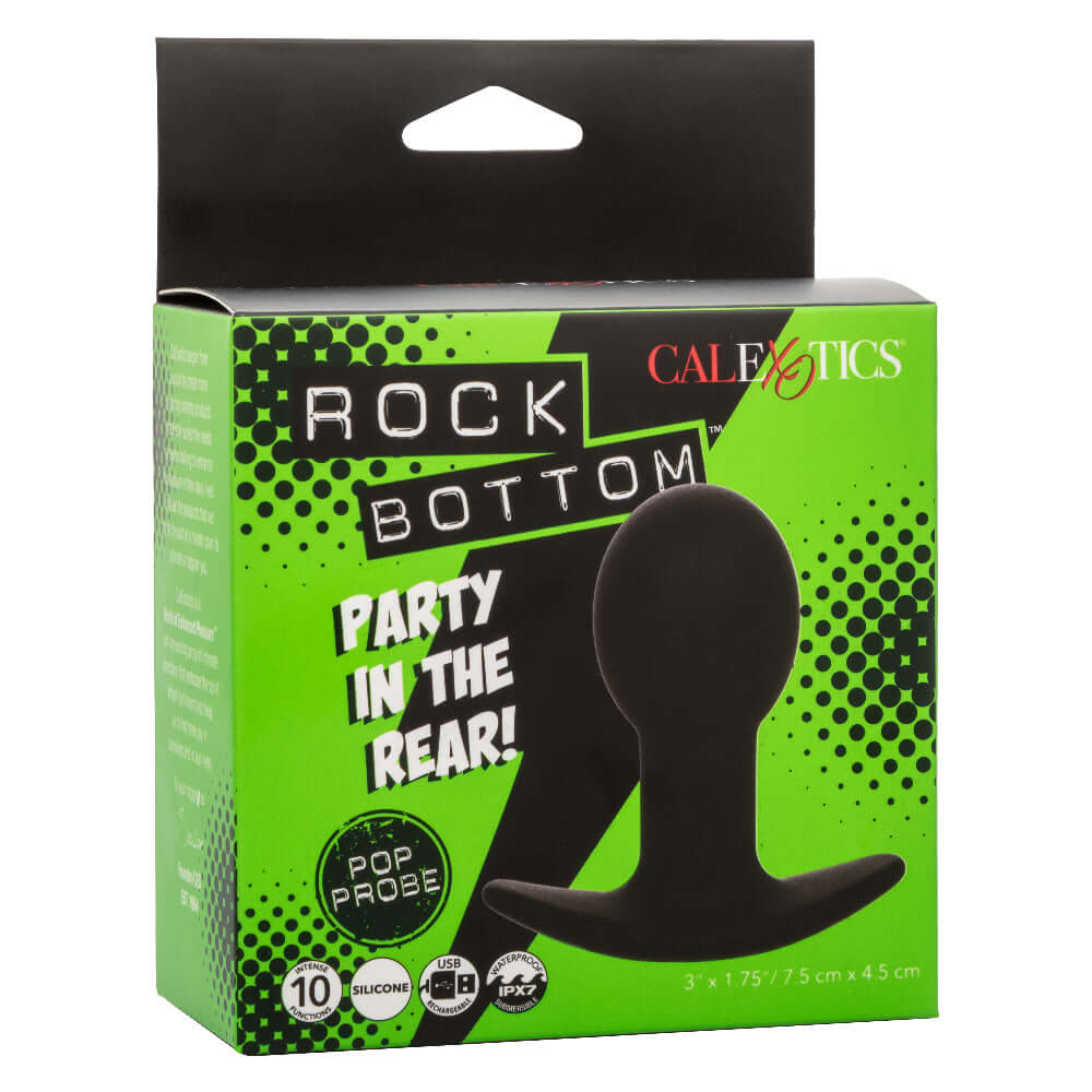 Black Rock Bottom Pop Probe packaging showcasing 10 intense vibration functions and a bulbous design for enhanced pleasure.