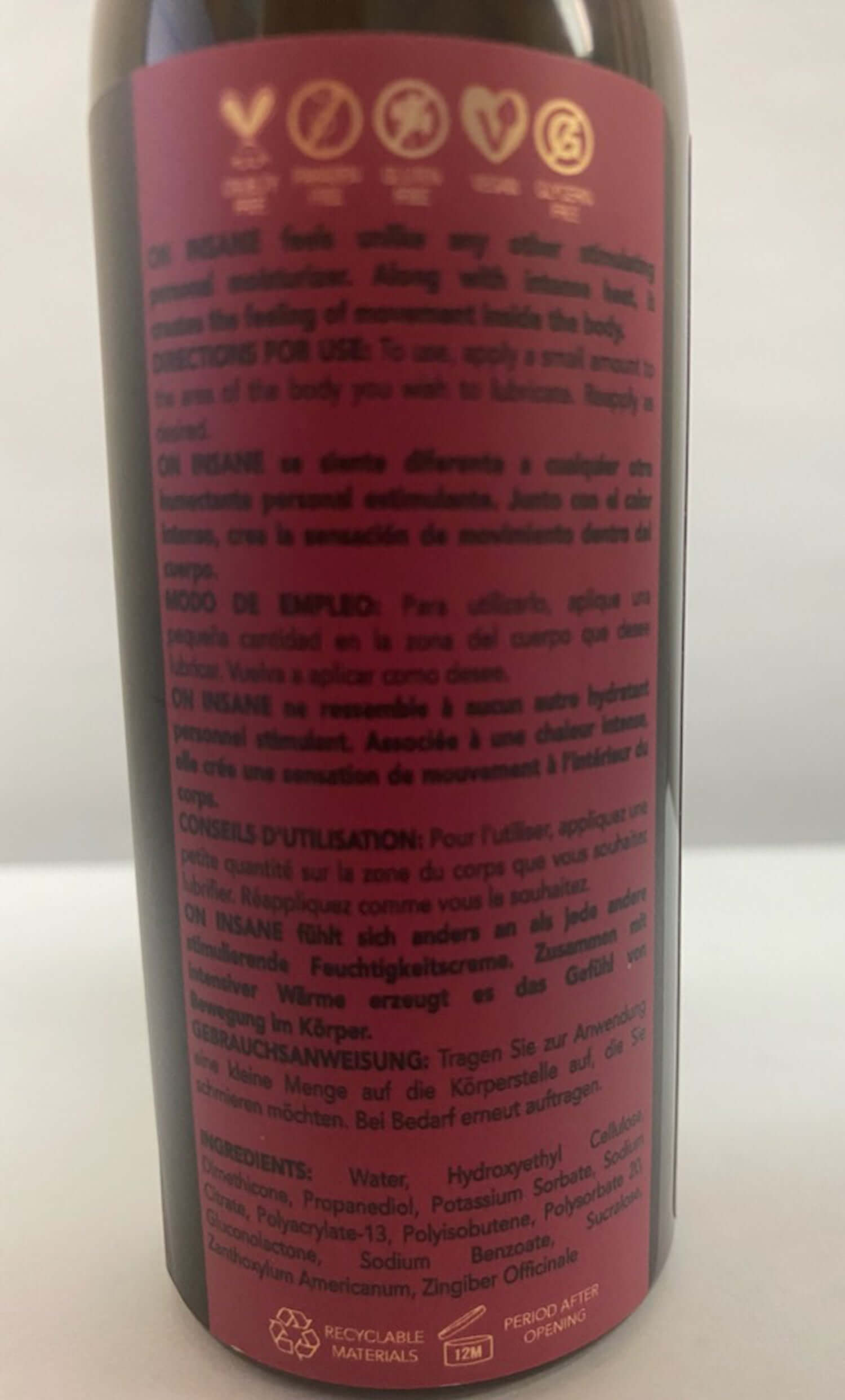 Back label of Insane Ultra-Stimulating Personal Moisturizer 4oz Cherry Pop with multilingual instructions and symbols