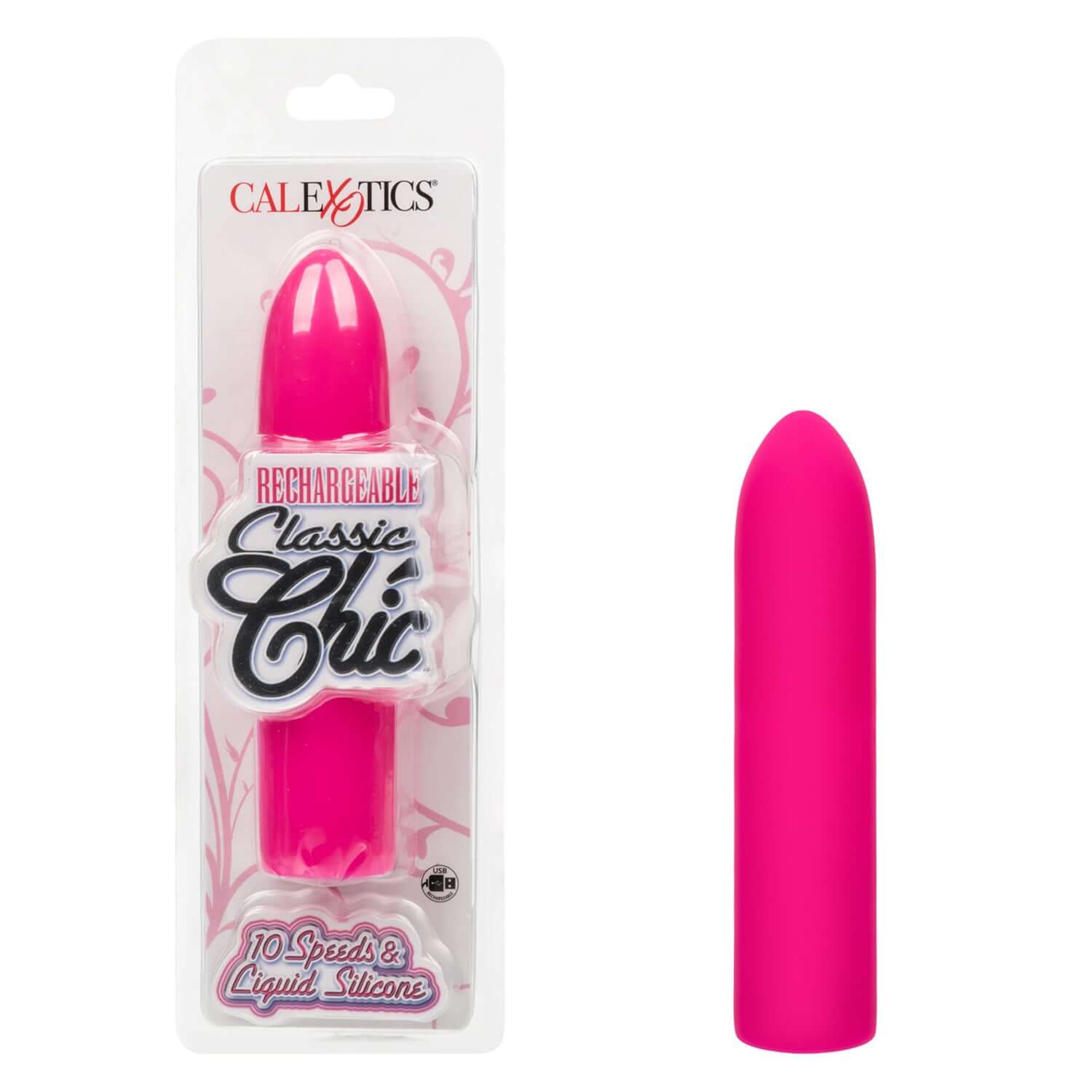 Rechargeable Classic Chic Mini in pink, featuring liquid silicone and 10 speeds for luxurious intimate exploration.