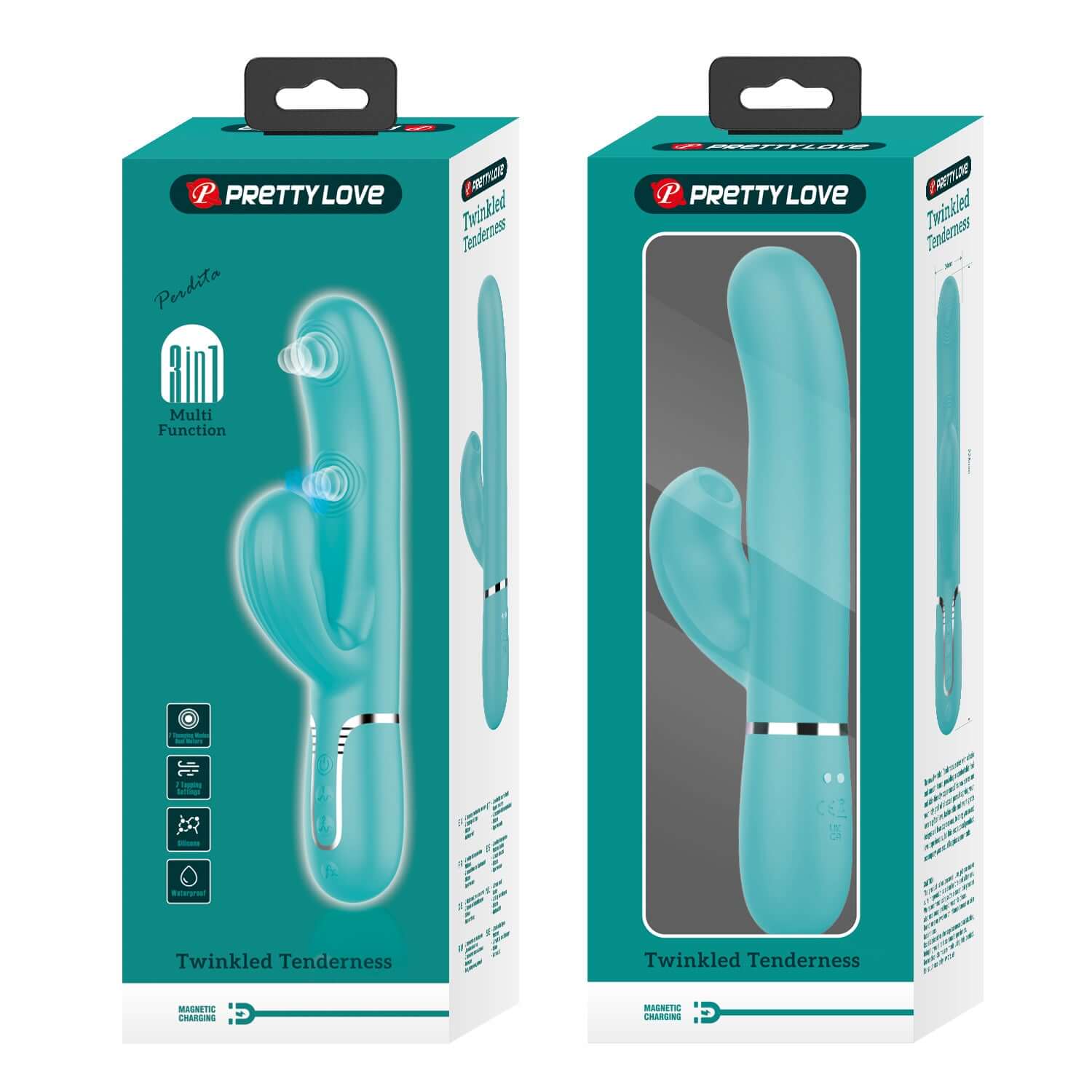 Perdita Twinkled Tenderness Vibrator in Turquoise packaging with 7 thumping modes and dual motors for sexual happiness moments