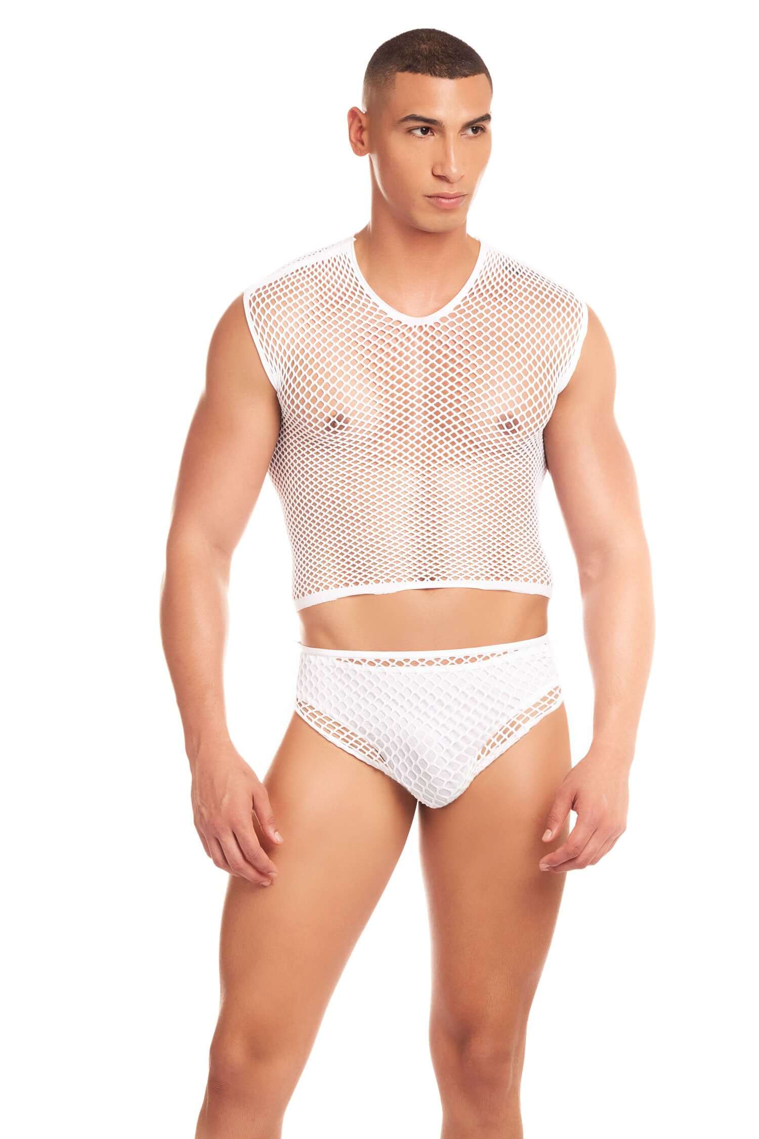 Model wearing Net Flex 3pc Set in white, small/medium size, made of 95% nylon and 5% spandex