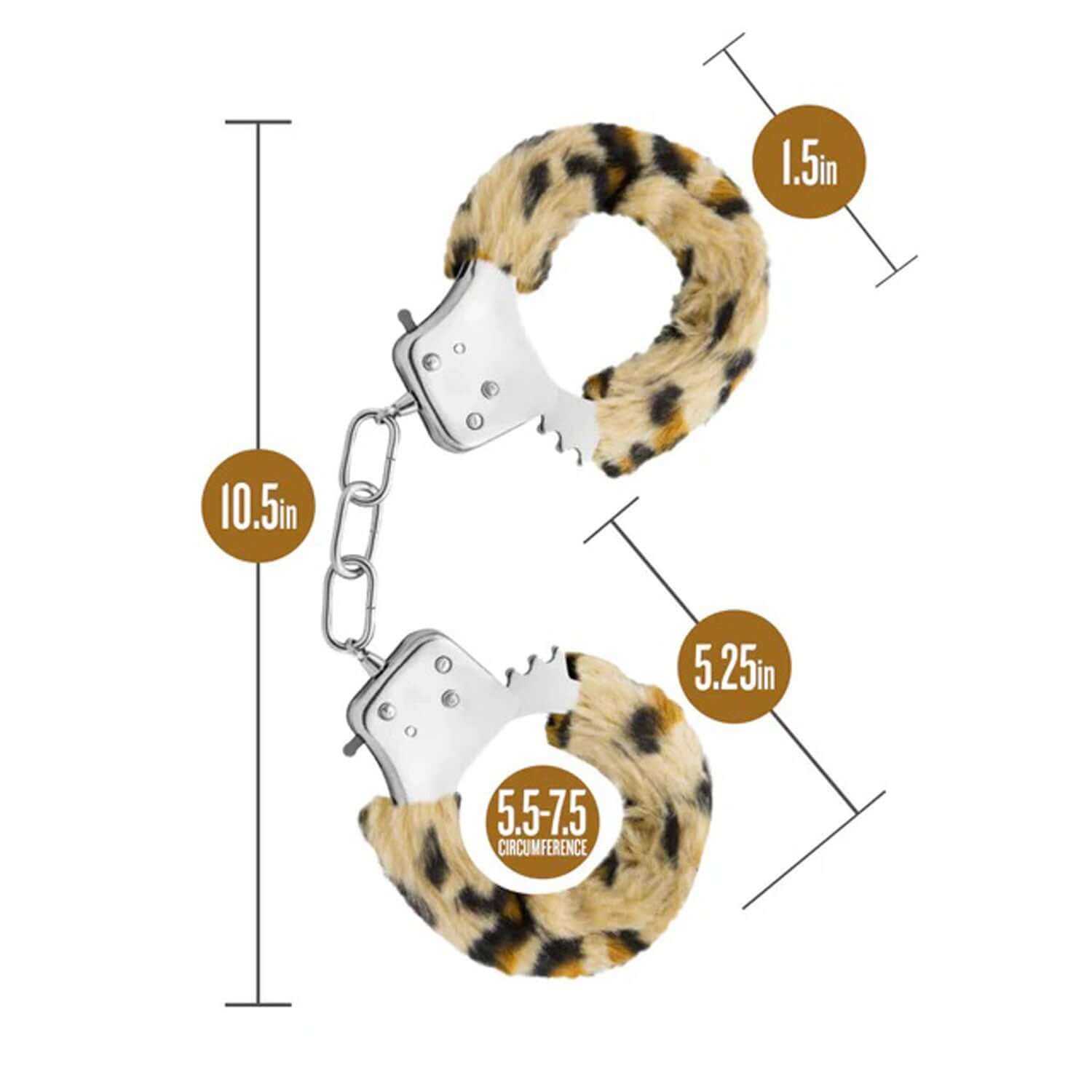 Leopard print beginner cuffs with adjustable size chart showing dimensions including 10.5-inch length, 1.5-inch width, and 5.25-inch diameter.