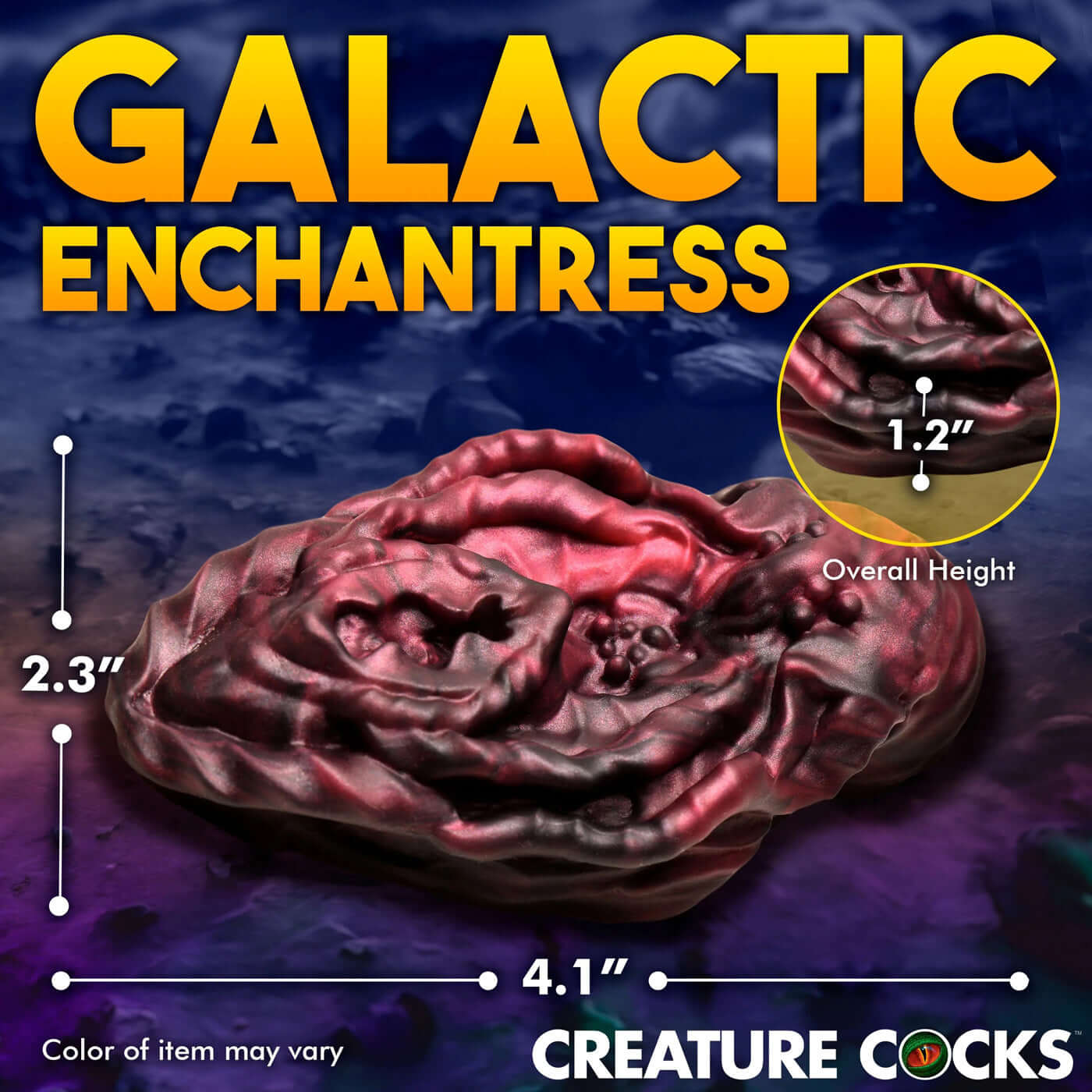 Galactic Enchantress alien vulva silicone grinder in red and black with dimensions 2.3" x 4.1" and 1.2" height from Creature Cocks