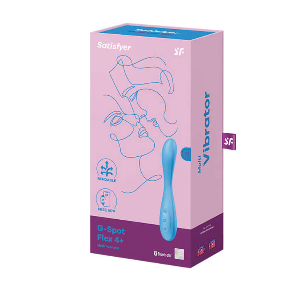 Satisfyer G-Spot Flex 4 Connect App multi vibrator packaging in blue with illustrated design and features listed.