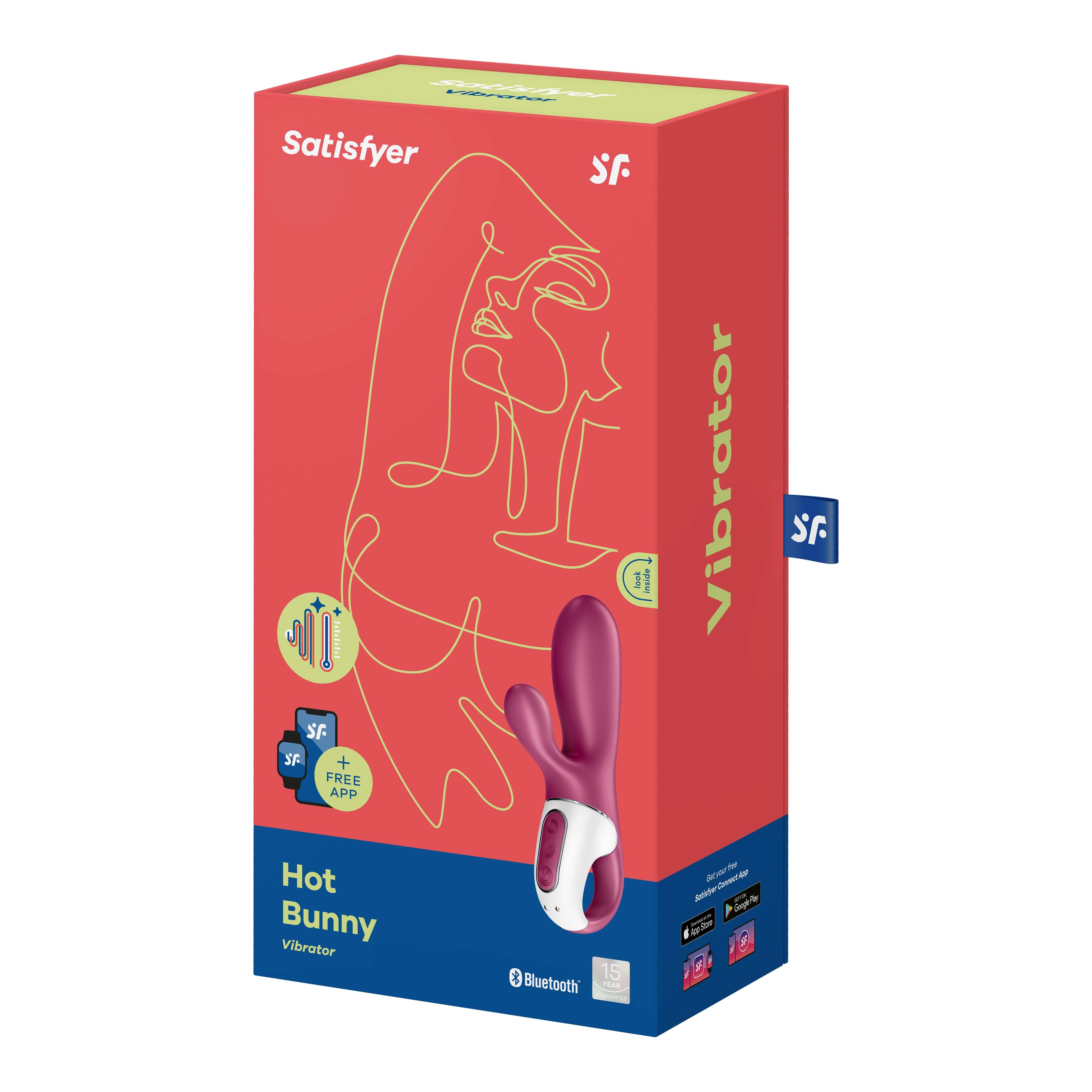 Satisfyer Hot Bunny Vibrator packaging featuring playful design and Bluetooth connection for enhanced pleasure.