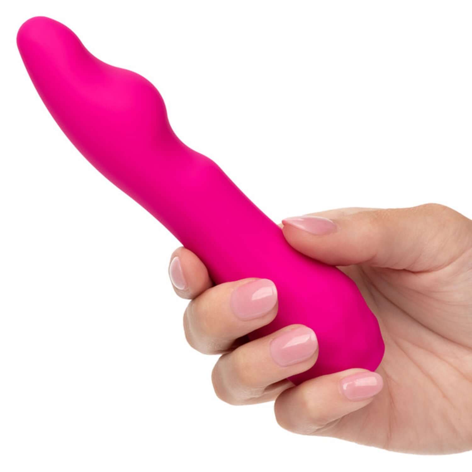 Hand holding the pink Gia Curved Pleaser Vibrator designed for enhanced pleasure with ergonomic curves and 12 vibration functions.