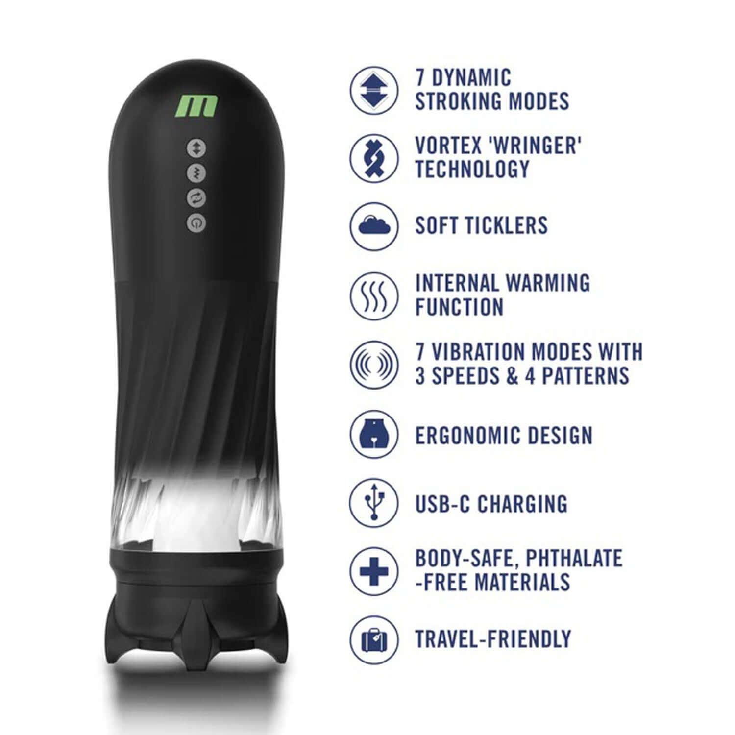 Quantumx Triple Action Automatic Stroker features 7 vibration modes, vortex technology, soft ticklers, and USB-C charging.