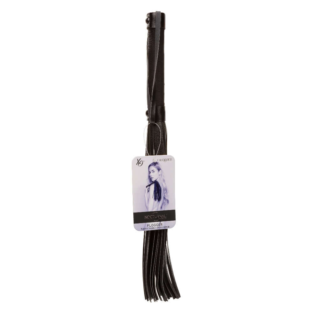 Black Nocturnal Collection Flogger with sturdy handle and soft tassels, perfect for sensory play and sensation enthusiasts