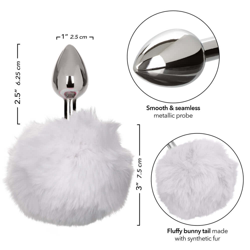 Running Wild Bunny Anal Plug with fluffy white synthetic fur tail and sleek metallic probe with dimensions shown for luxurious sensual play