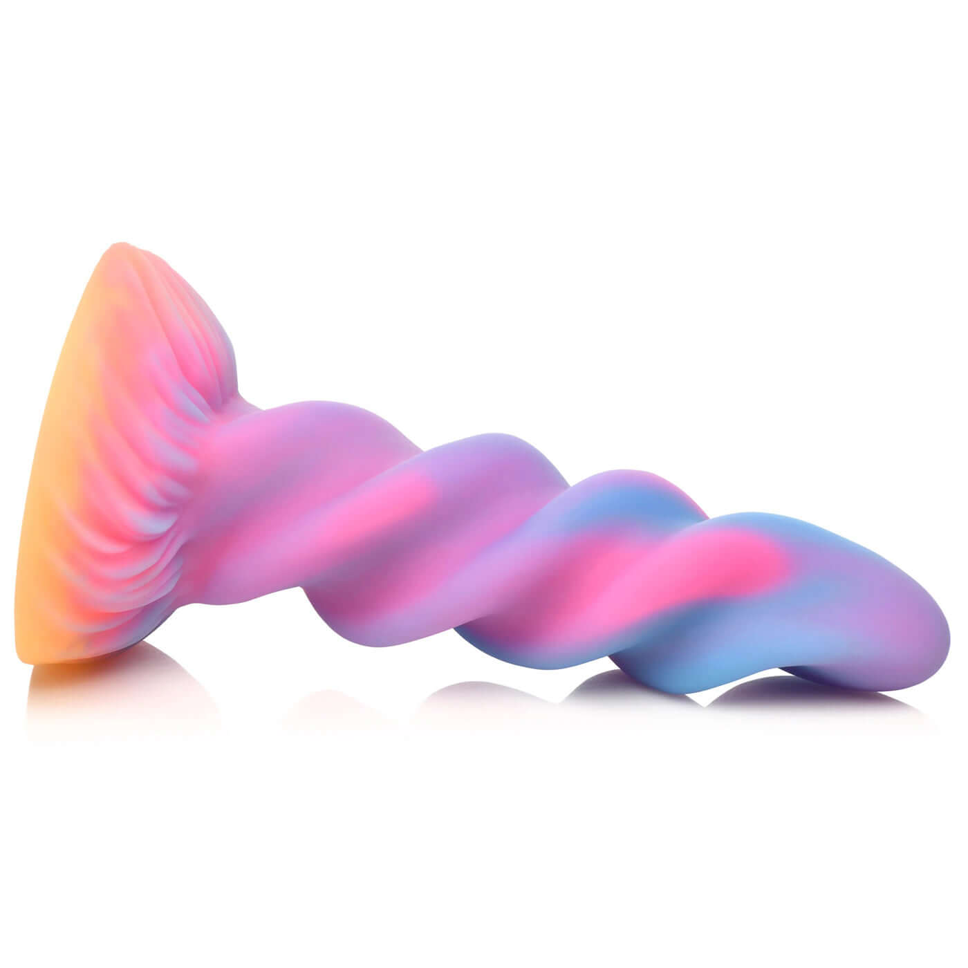 Moon Rider Unicorn dildo in purple, blue, pink and yellow, featuring a spiral horn design and glowing in the dark.