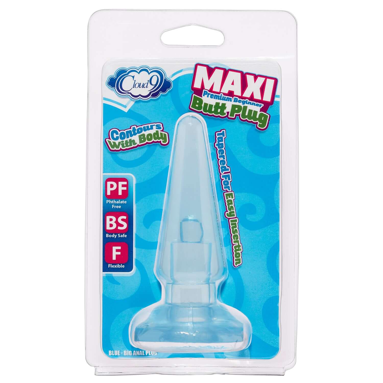 Cloud 9 Maxi Blue Butt Plug in packaging, phthalate-free, body-safe, flexible design for beginners, with tapered tip for easy insertion.