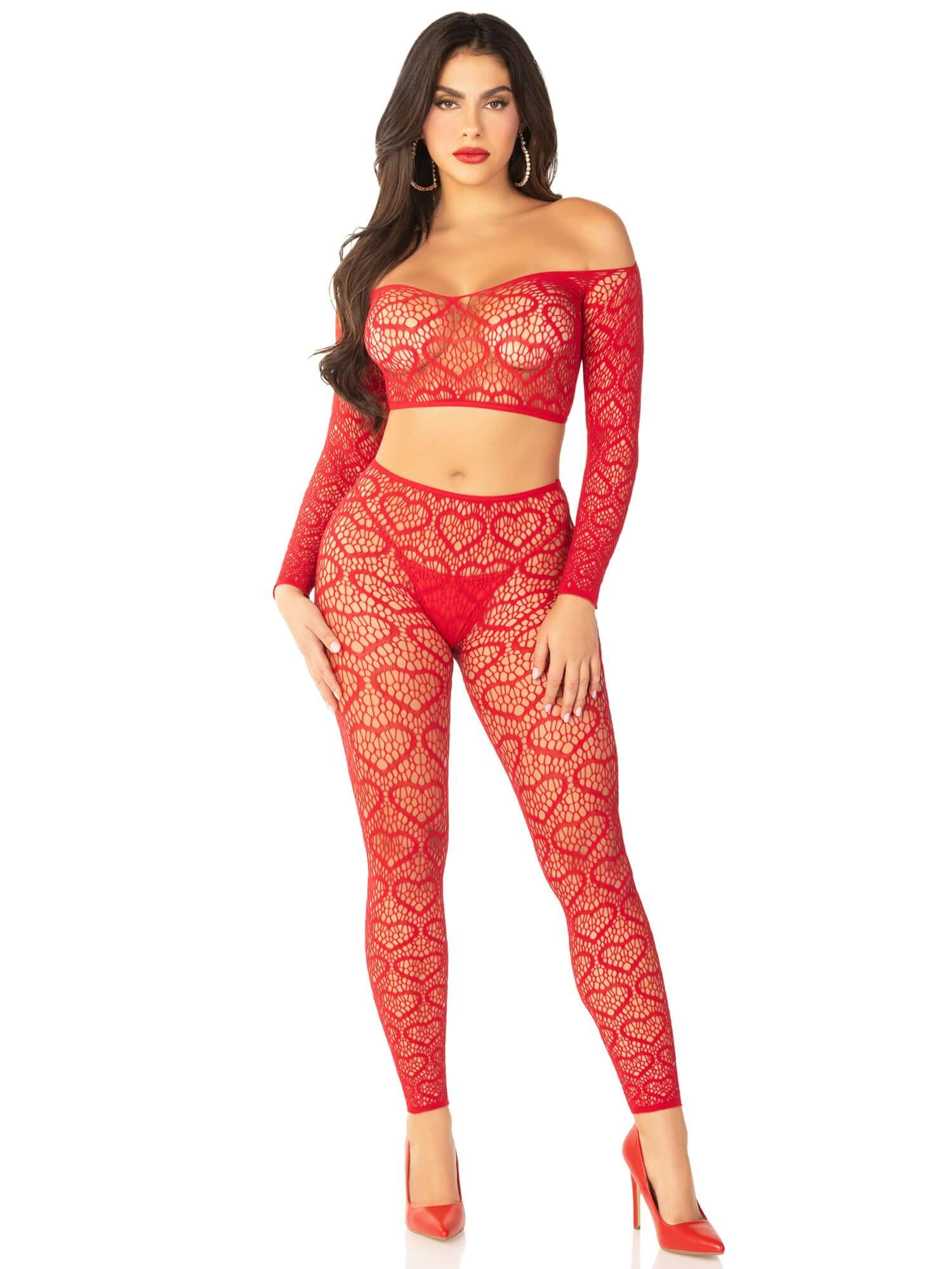 Leg Avenue red heart net crop top and footless tights set, one size, nylon and spandex, off-the-shoulder design, boxed item.