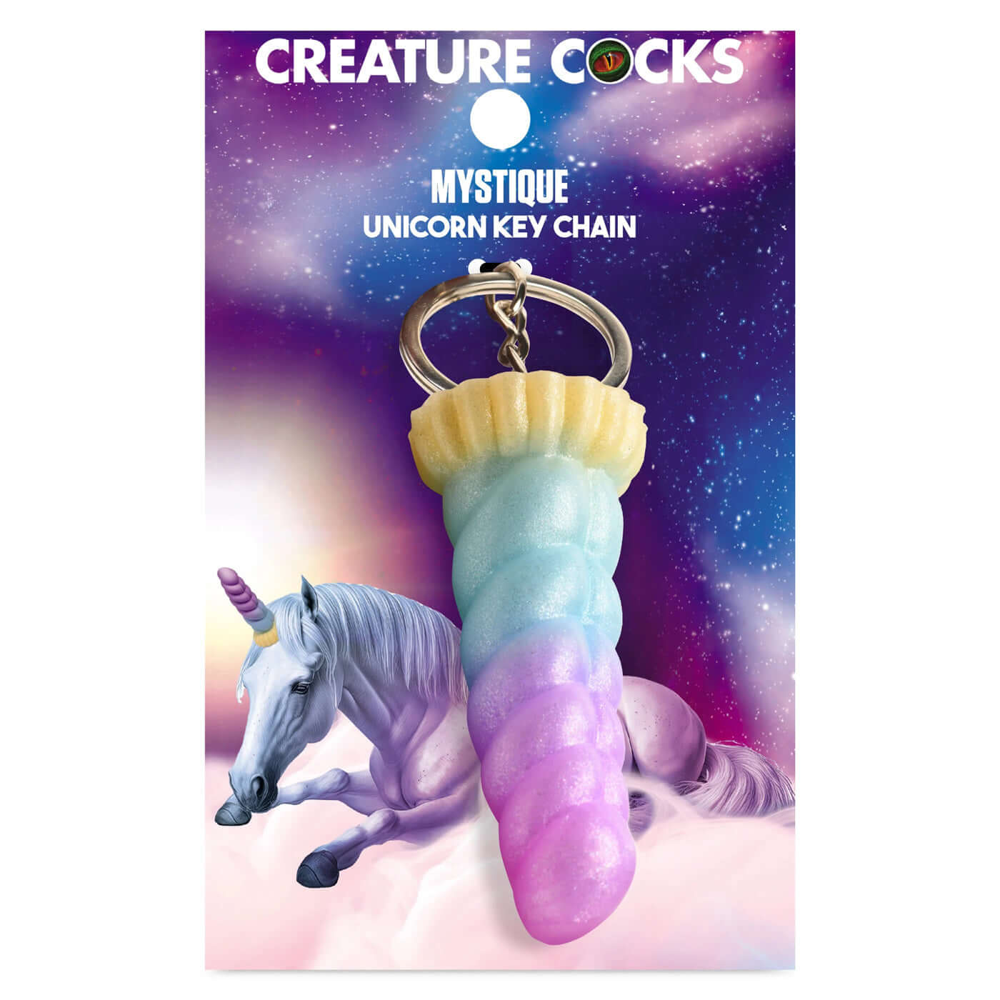 Mystique Unicorn Keychain with pastel colors against a mystical background and unicorn illustration, from Creature Cocks.