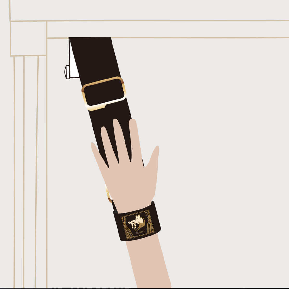 Hand wearing stylish velvet cuff secured to over-the-door restraint strap for S&M activities.