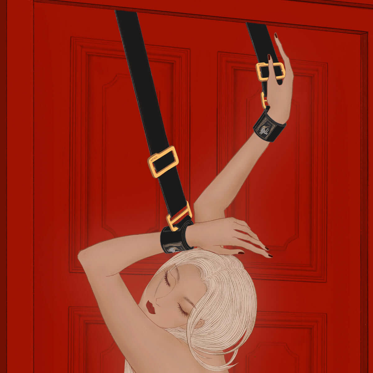 Woman with over-the-door hand restraints on a red door, showcasing elegant black and gold straps and velvet cuffs.