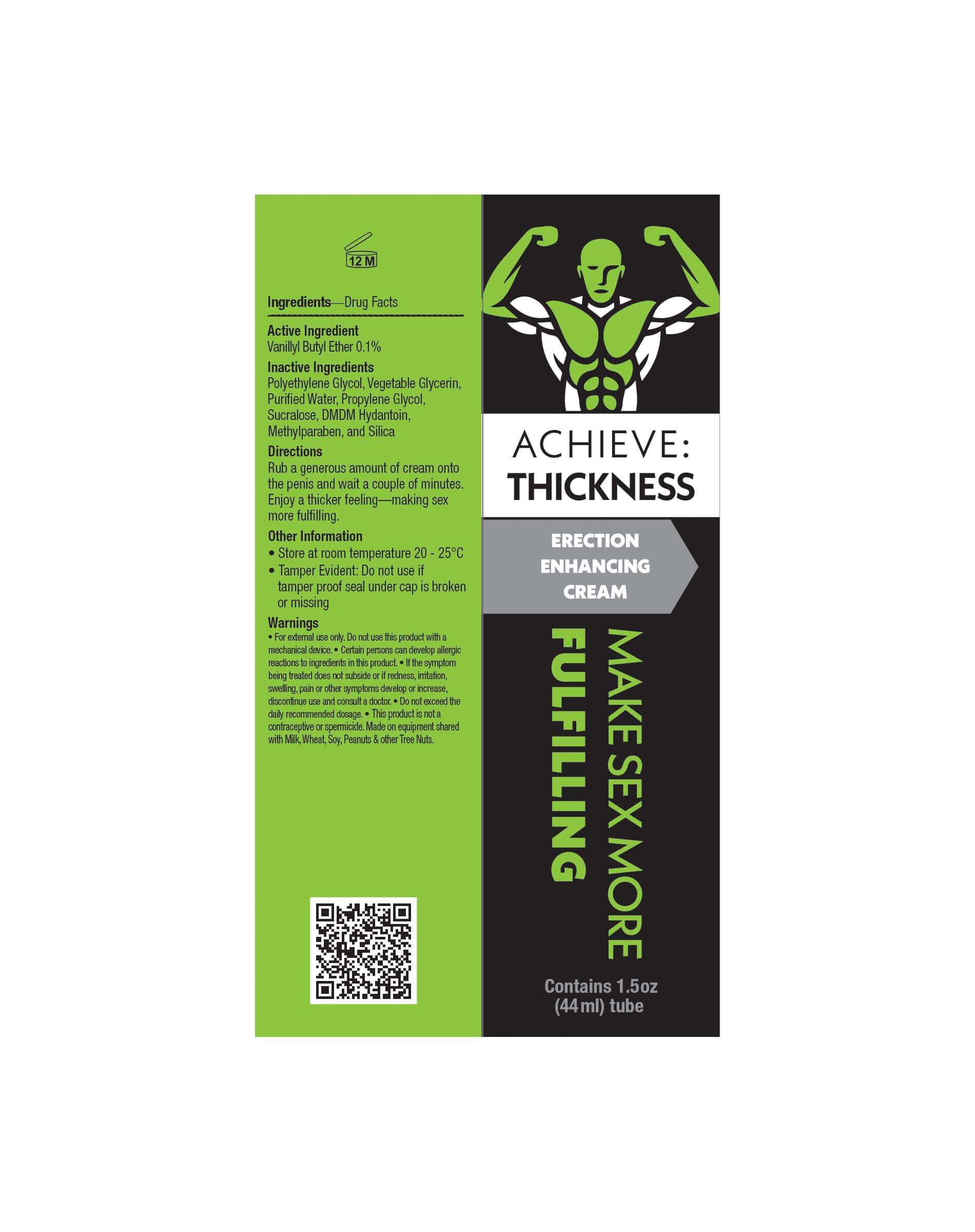 Achieve Thickness Erection Enhancement Cream 1.5 oz package showcasing ingredients and natural girth-enhancing formula for improved performance