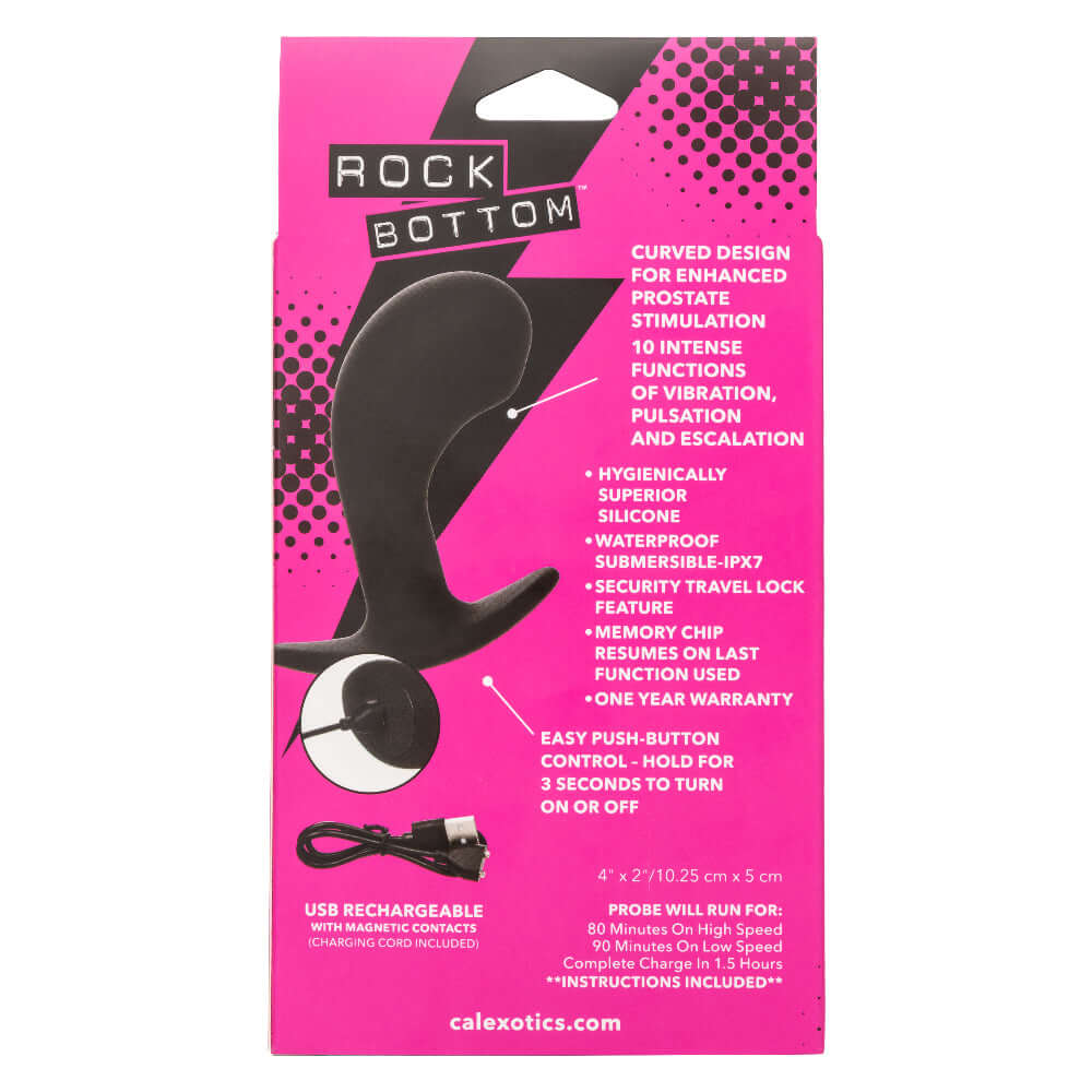 Rock Bottom Curved Probe - Black packaging highlighting features like curved design, 10 vibration functions, silicone material, and USB rechargeable.