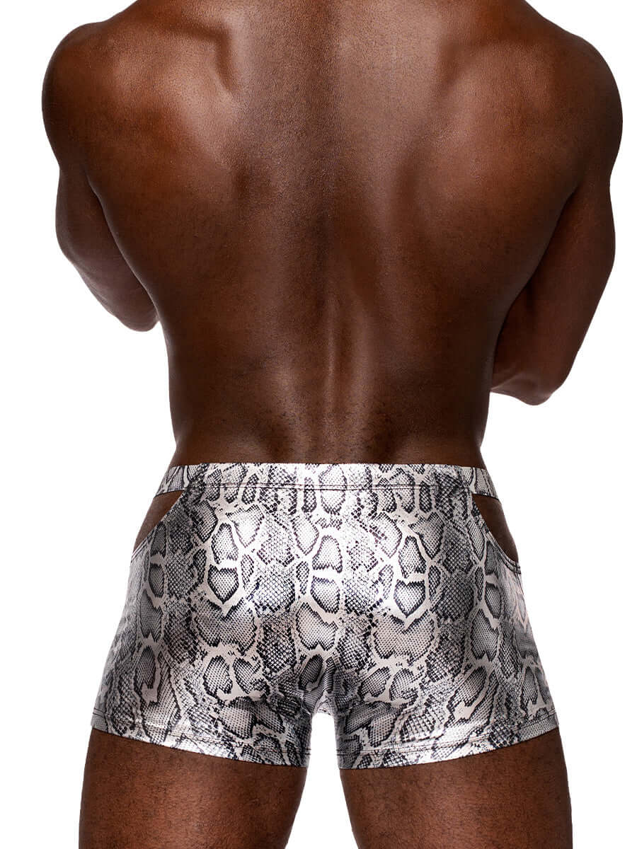 Man wearing S'Naked Pouch Short in silver and black with cut out window and metallic snake print, showcasing back view and sleek fit.