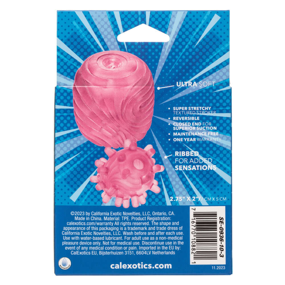 Pink textured reversible masturbation sleeve packaging with product details and features like ultra soft, stretchy, and ribbed for added sensations.