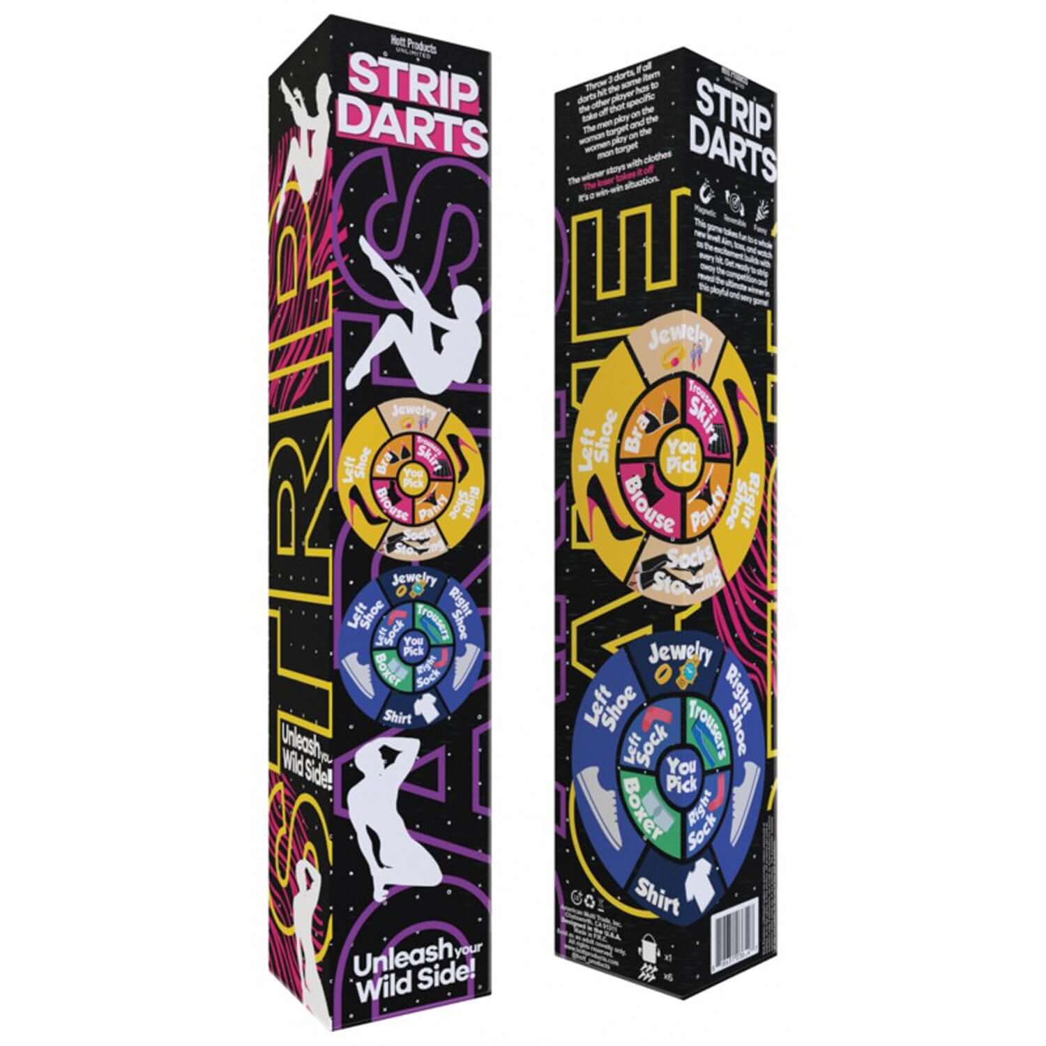 "Strip Darts Game Box with Colorful Design, Unleash Your Wild Side Slogan"