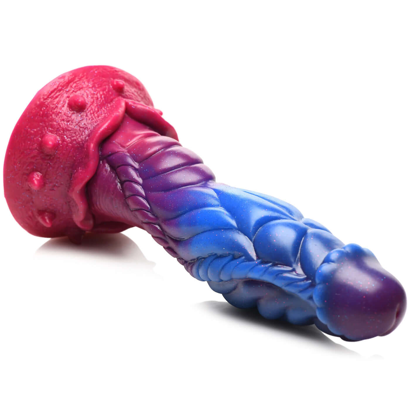 Cosmic-themed silicone dildo with vibrant blue, purple, and pink colors, star-like glitter, and textured surface for fantasy play.