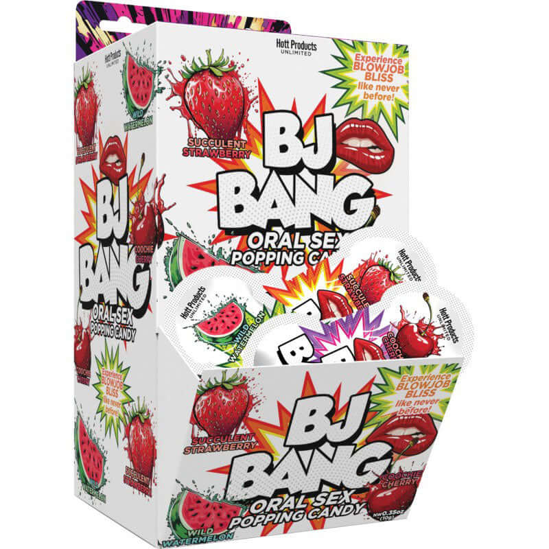 Display of BJ Bang oral sex popping candy in 3 flavors, includes 72 pieces for added oral excitement.