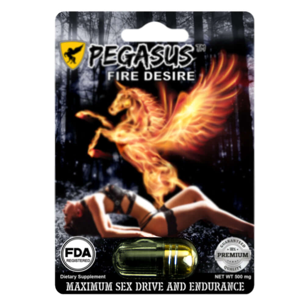 Pegasus Fire Desire male herbal supplement packaging with fiery Pegasus graphic, promising maximum sex drive and endurance. FDA registered.