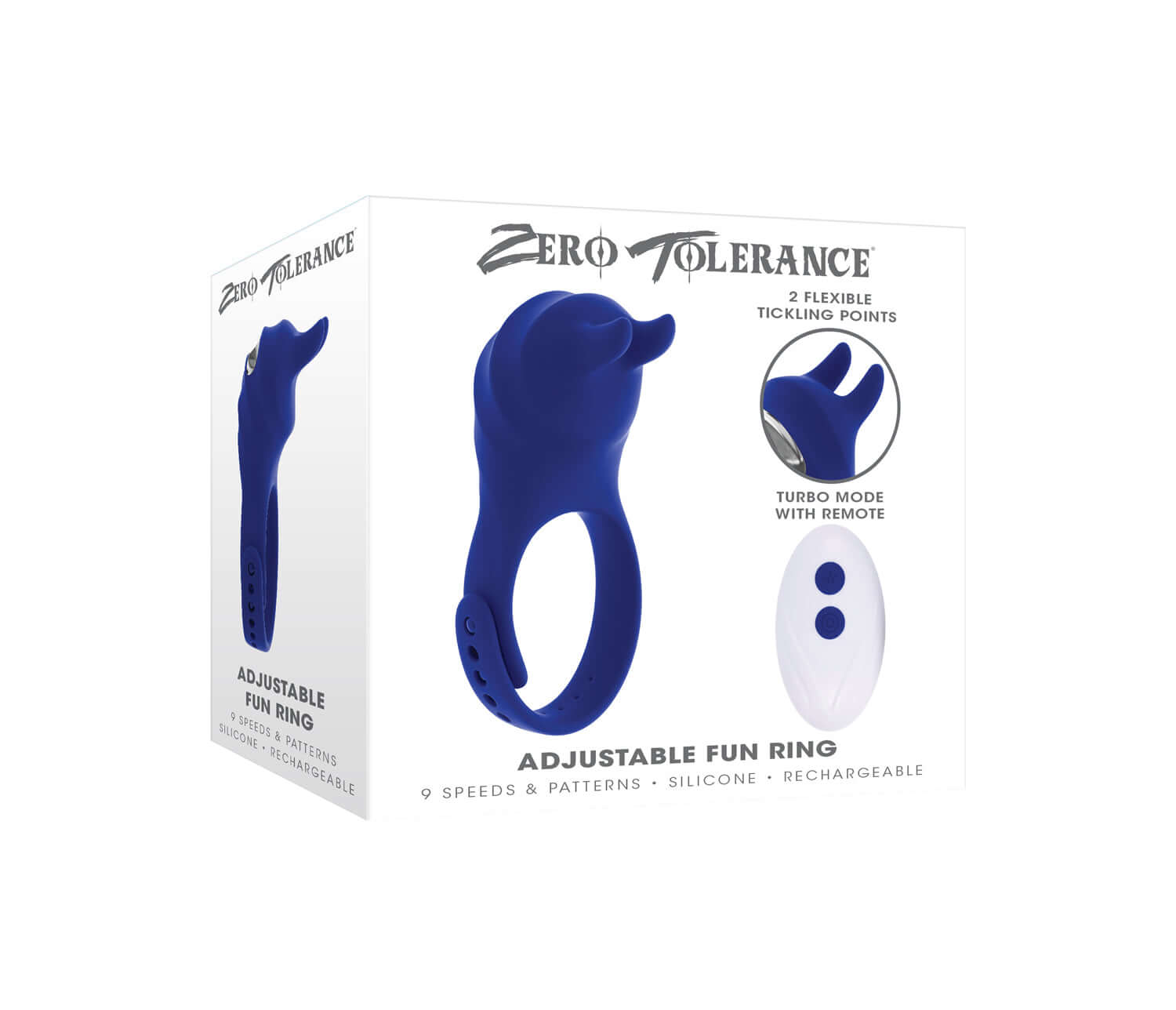 Adjustable Fun Cock Ring in blue with flexible tickling points and remote, showcasing 9 speeds and rechargeable feature.