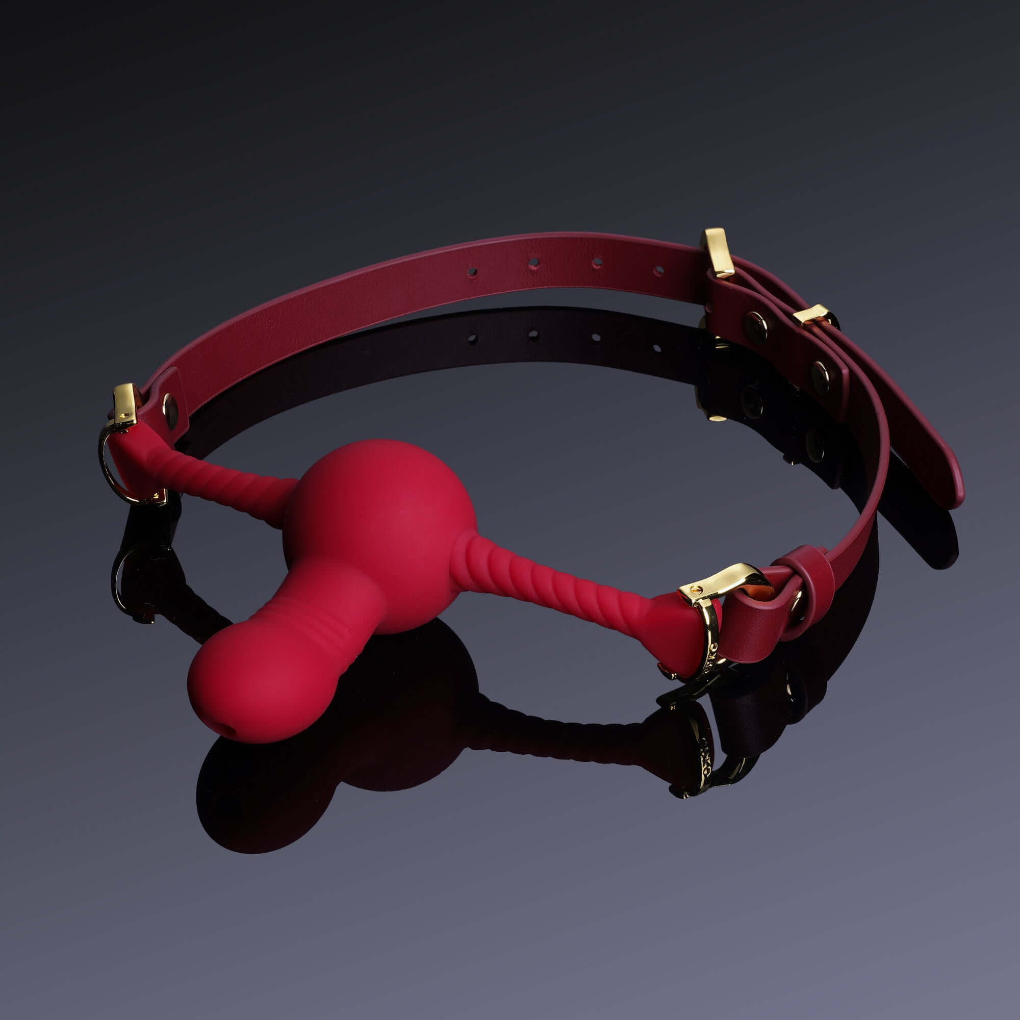 Red silicone dildo-shaped mouth gag with adjustable leather strap and gold accents on a reflective black surface.