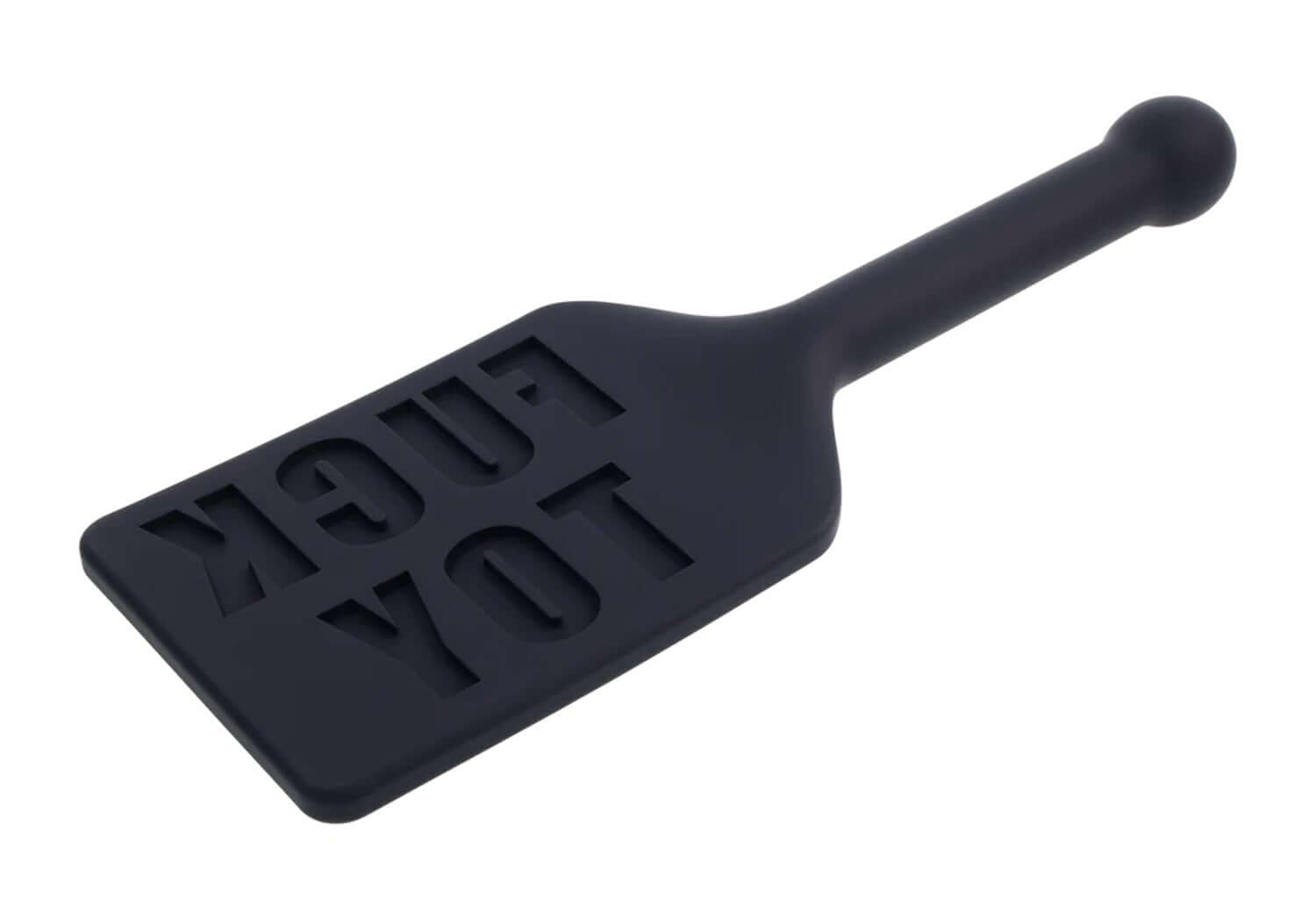 Black silicone paddle with "FUCK TOY" imprint, designed for playful dominance and sensation.