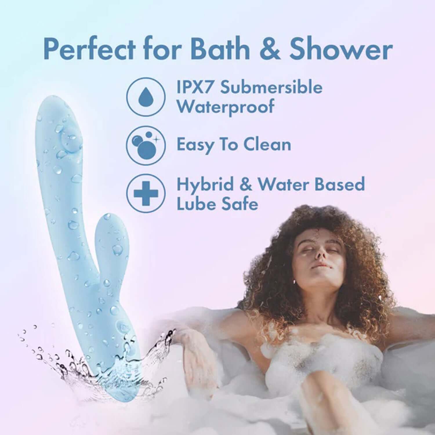 Play With Me Moondust Magic Blue rabbit massager IPX7 waterproof features for bath and shower use with a woman relaxing in a tub.