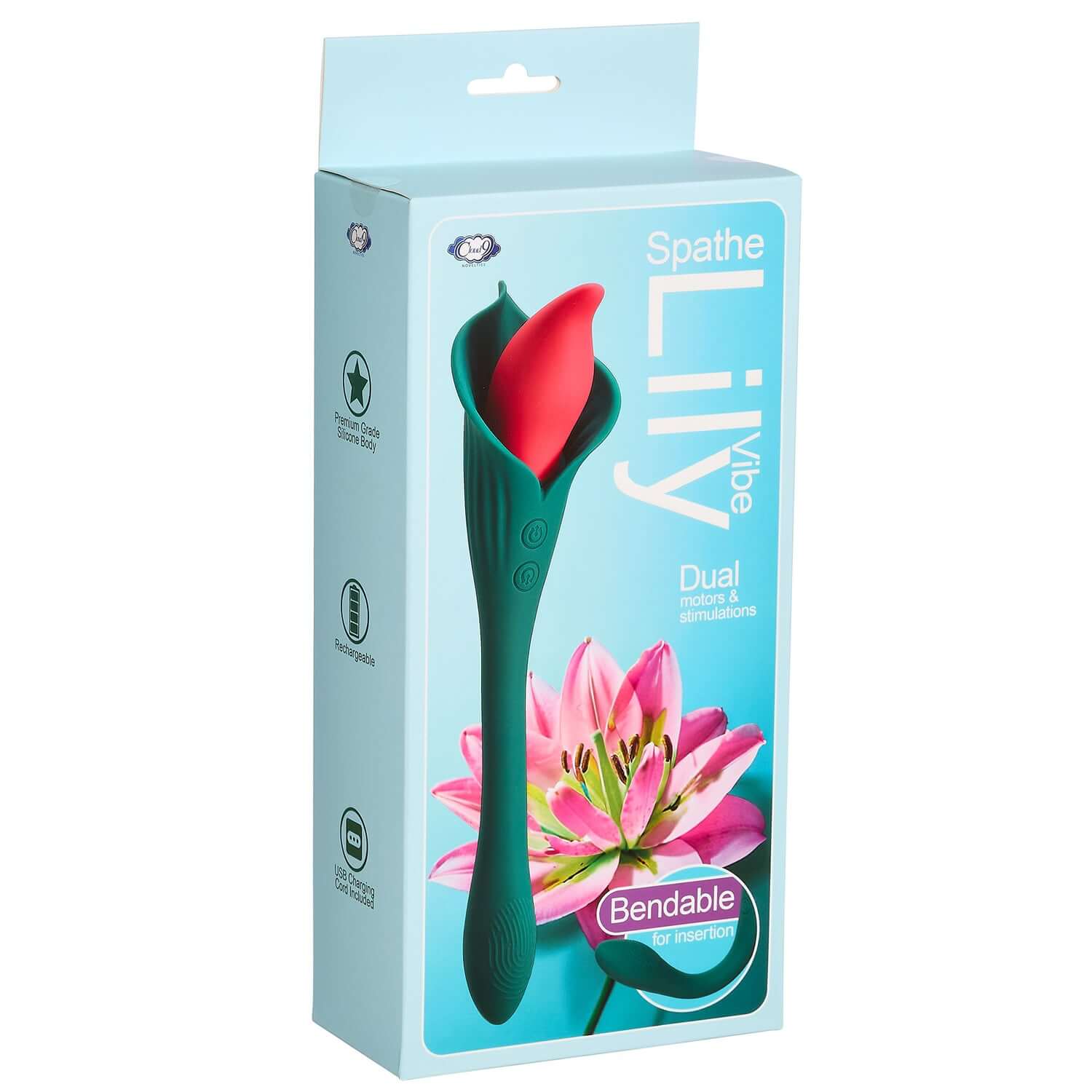 Spathe Lily Vibe Green-Blue dual motor vibrator in packaging with nature-inspired design and lotus flower image, bendable for versatility.