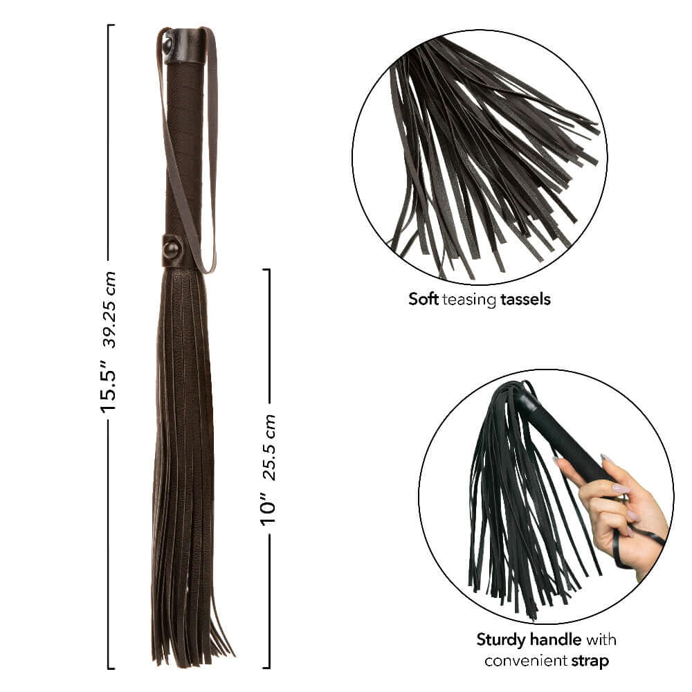 Nocturnal Collection Flogger - Black with soft teasing tassels and sturdy handle, perfect for sensory play and controlled strokes.