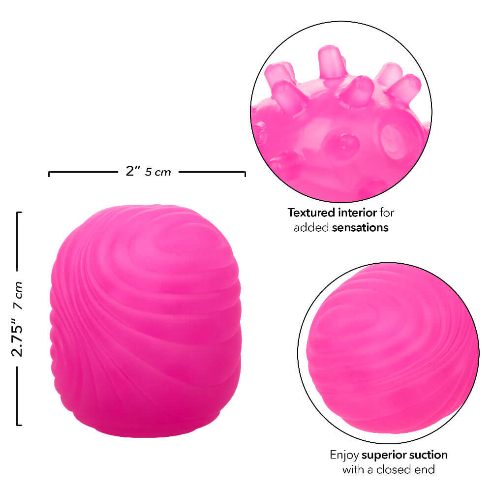 Pop Sock Textured Masturbation Sleeve - Pink, showing dimensions and textured interior for added sensations and superior suction.