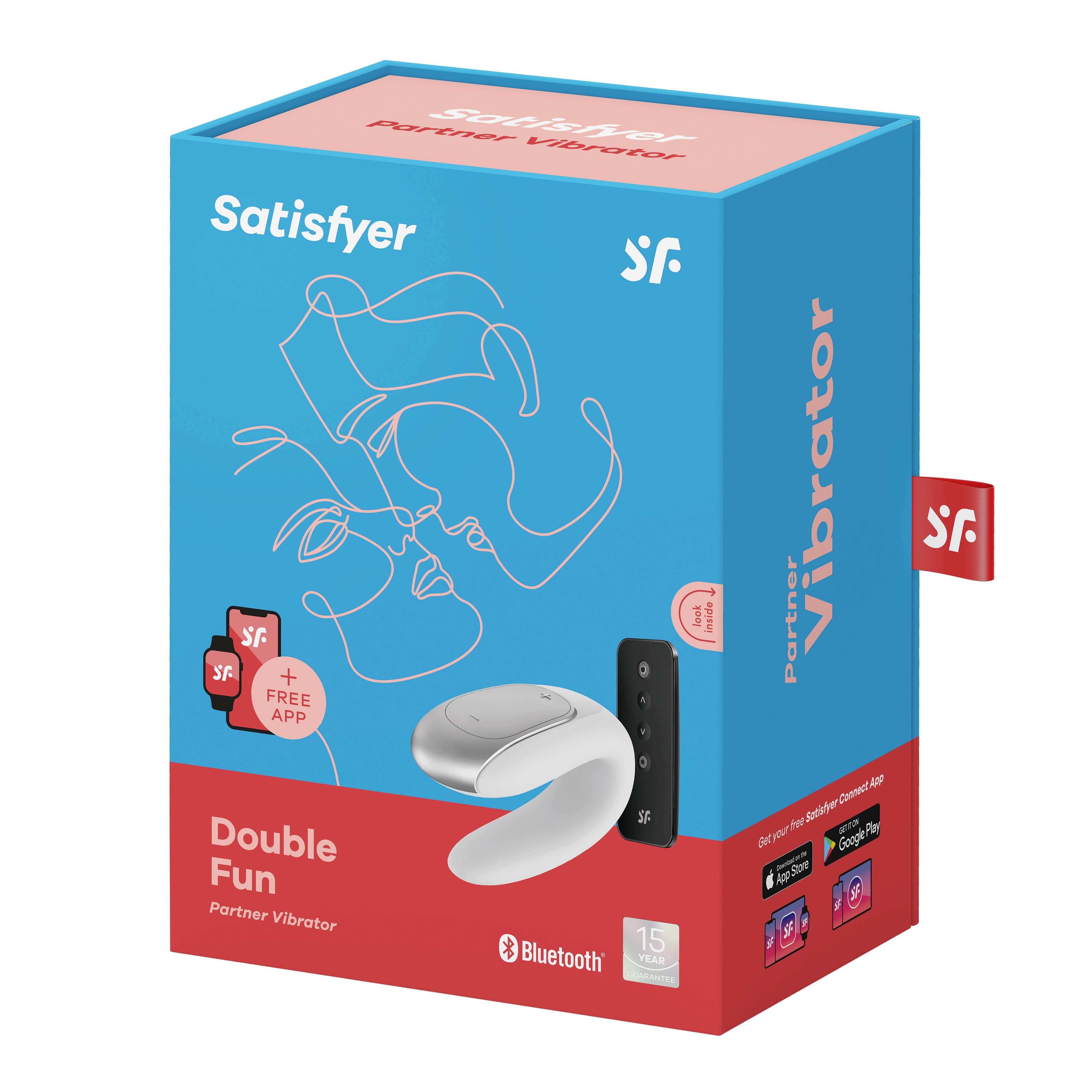 Satisfyer Double Fun Couples Massager box showcasing app-enabled partner vibrator for enhanced intimacy.