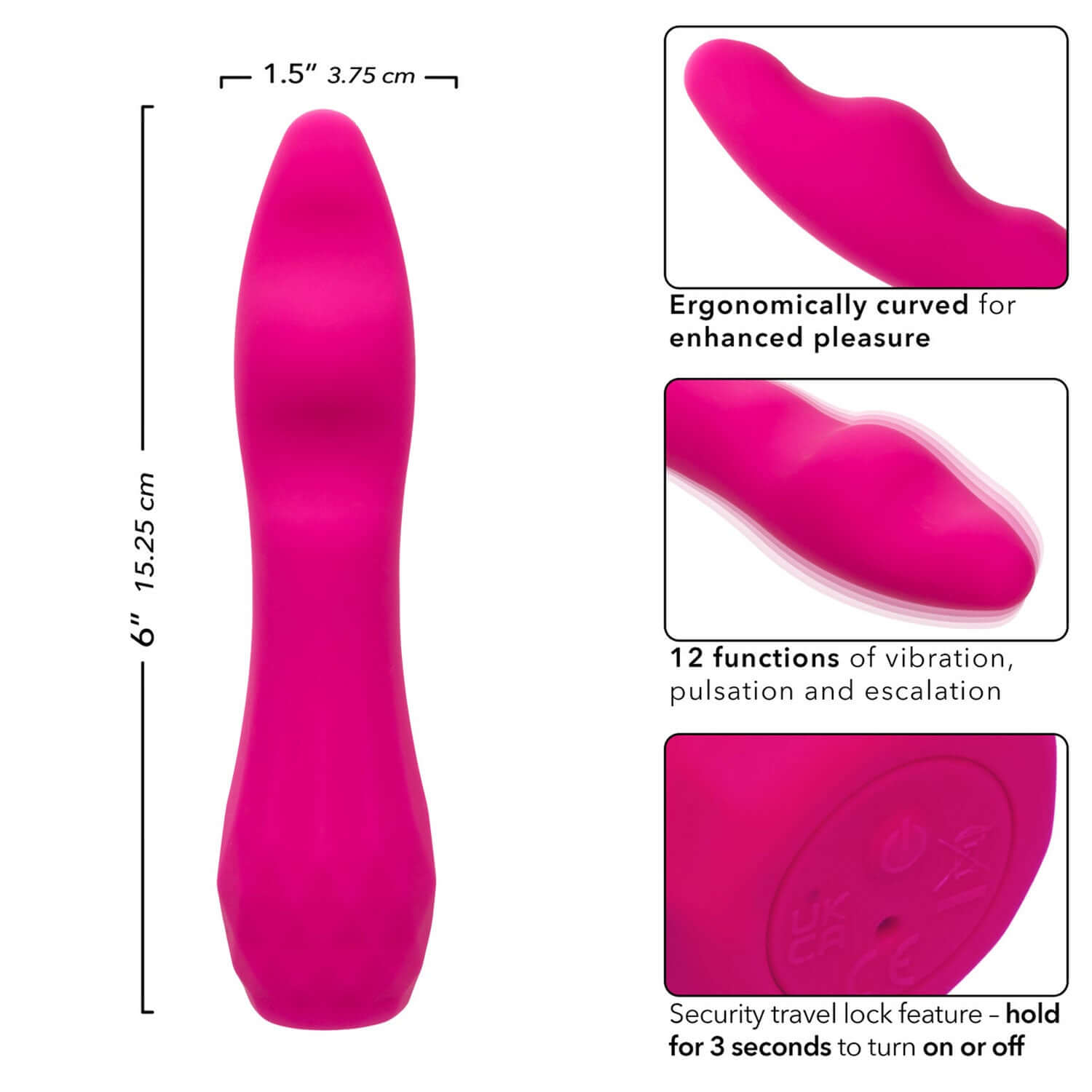 Pink Gia Curved Pleaser Vibrator with ergonomic design, 12 vibration functions, and travel lock feature for enhanced intimate pleasure