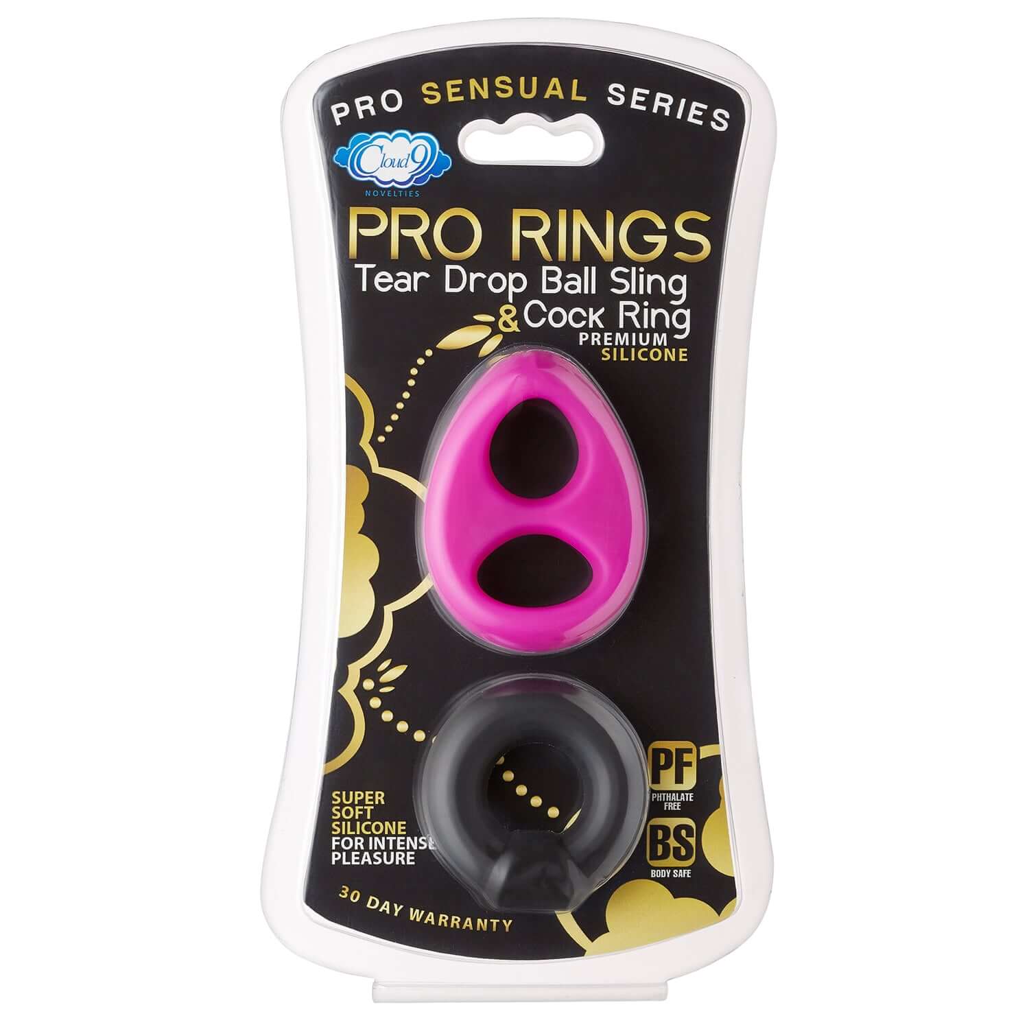 Pro Sensual silicone tear drop ring and donut sling packaging for erection enhancement and sensitivity with dual hole design.