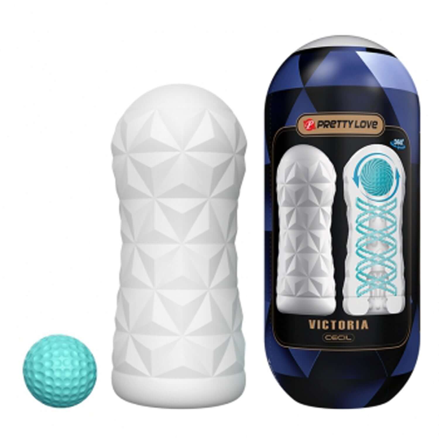 Victoria Masturbator in white with stimulation ball, featuring textured sleeve for intense pleasure and dynamic sensations.