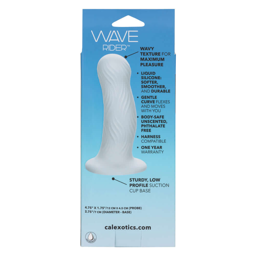 Wave Rider Foam Dildo with wavy texture and low profile suction cup base on product packaging.