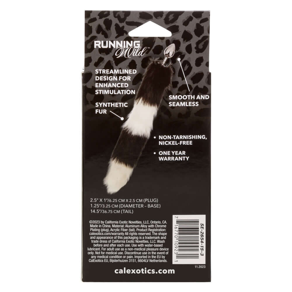 Running Wild Tail Anal Plug packaging with smooth metallic probe and black/white synthetic fur tail features list