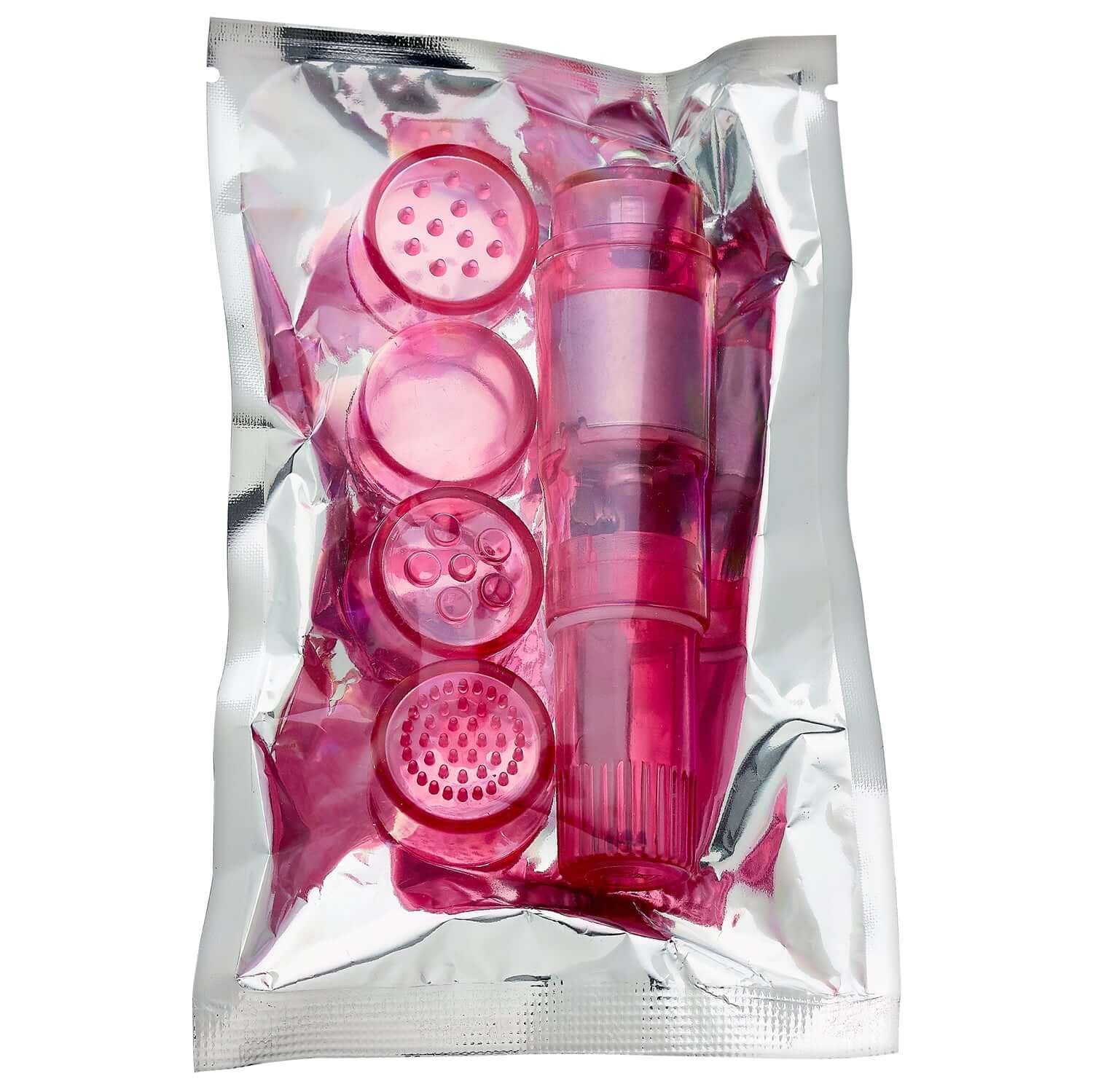 Mini Massager Pocket Rocket with 4 attachment heads in packaging.