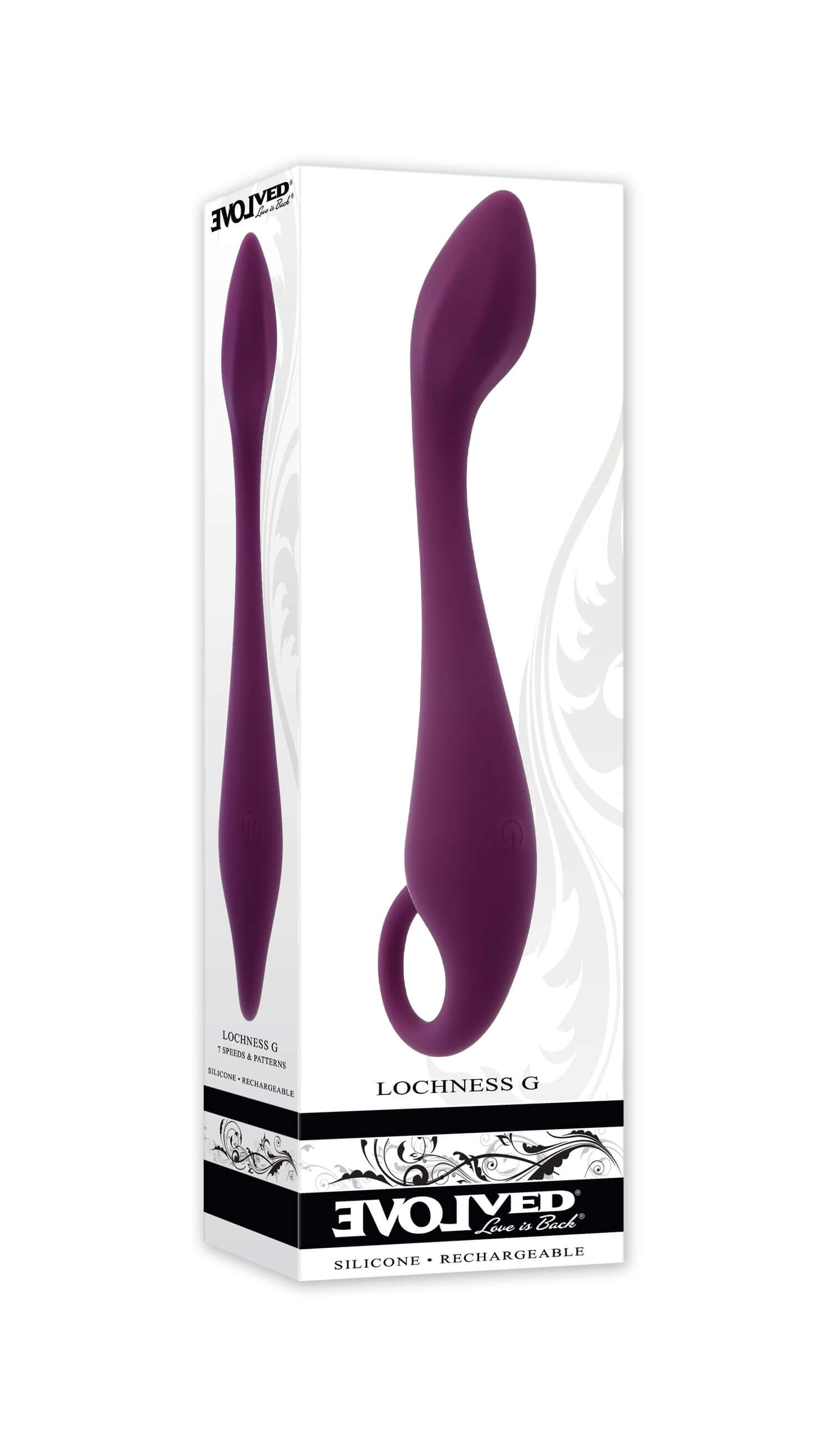 Lochness G-spot vibrator in burgundy packaging with curved design, featuring a ring handle and silicone material.