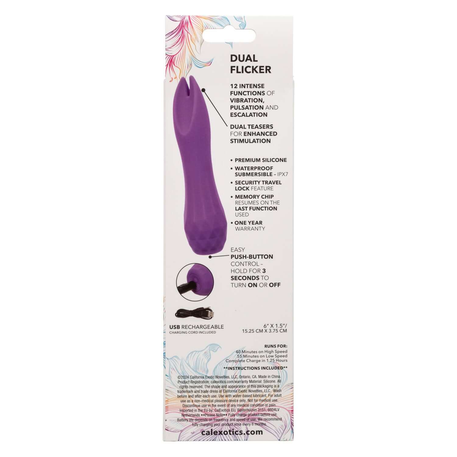 Gia Dual Flicker Vibrator packaging showing purple stimulator with 12 functions and dual teasers for enhanced stimulation