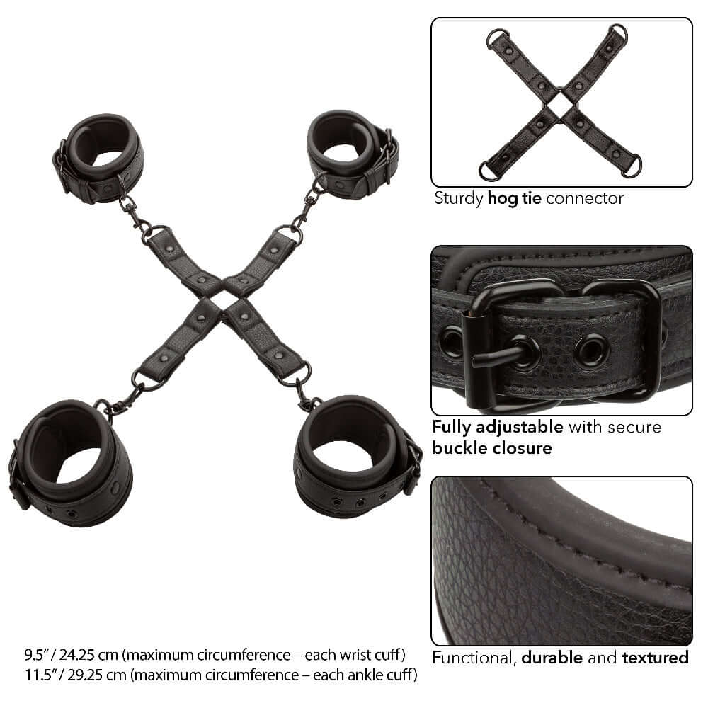 Black hog tie set with adjustable cuffs and buckle closures, designed for BDSM restraint play, showcasing detailed features and measurements.