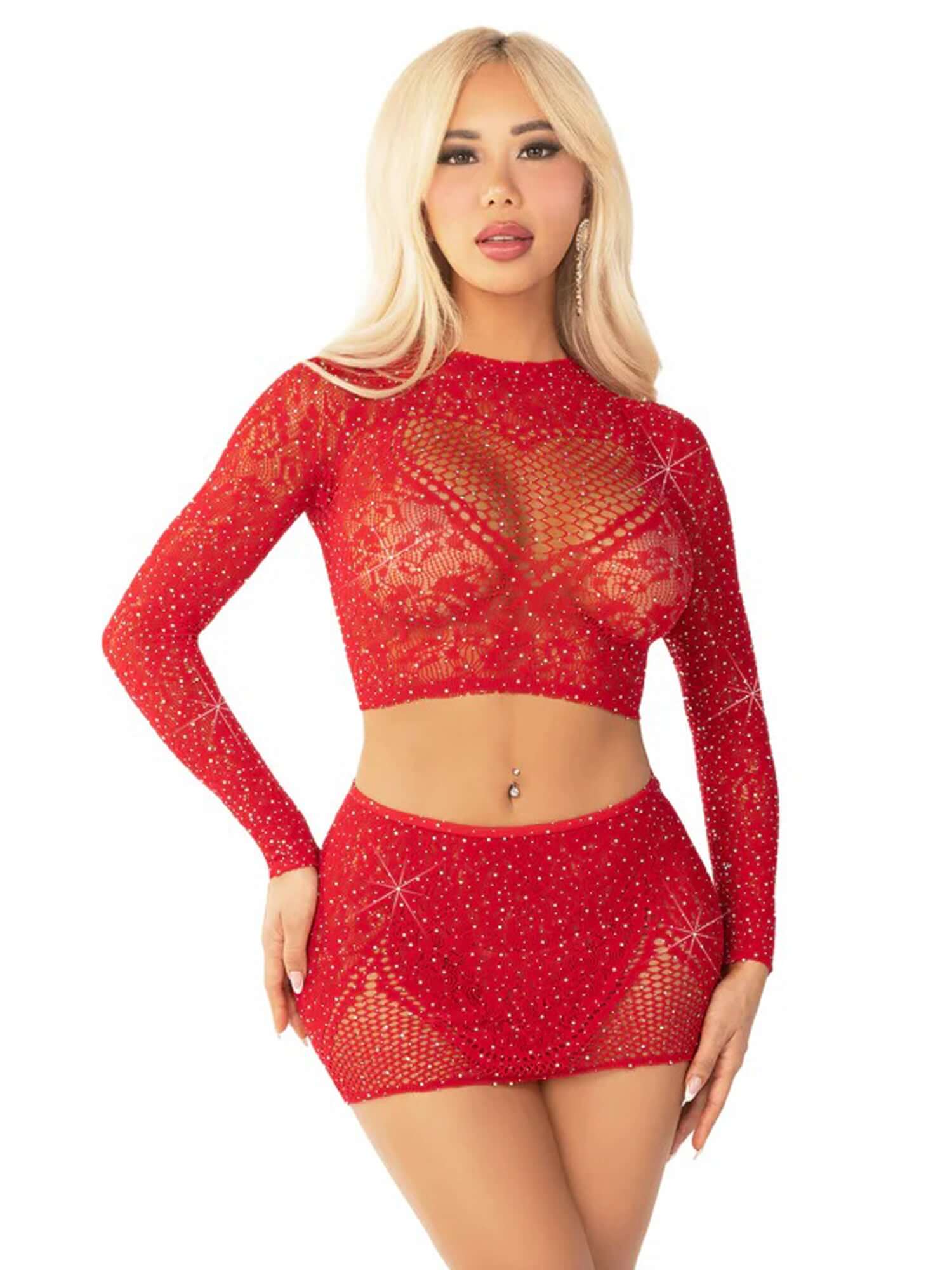 Red rhinestone lace crop top and heart keyhole mini skirt set, front view.