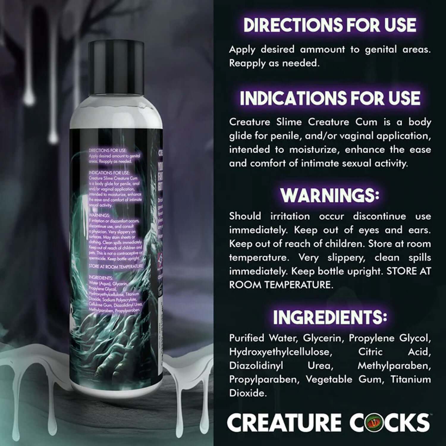 8oz bottle of Creature Slime Creature Cum lubricant with usage directions, indications, warnings, and ingredients displayed.